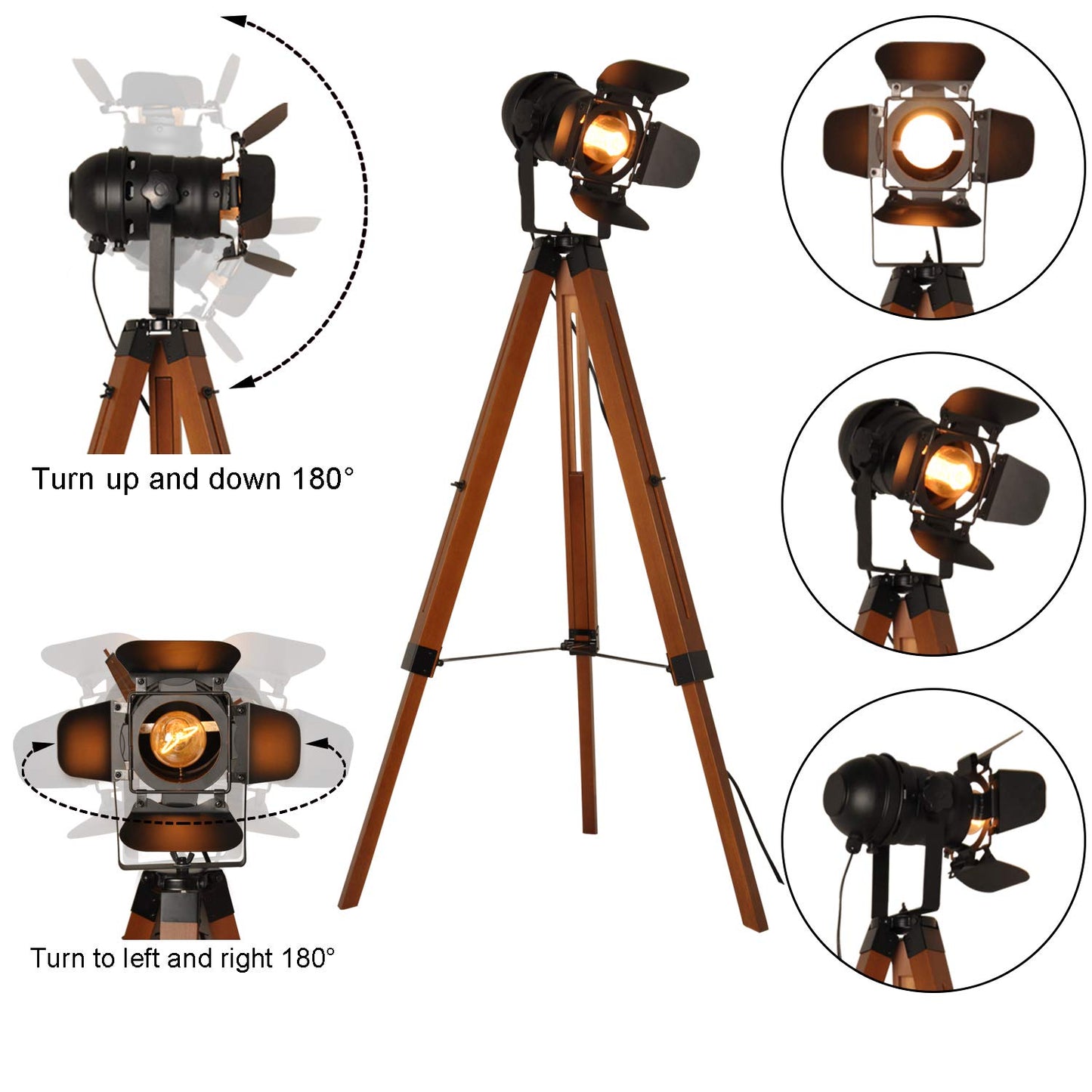 Barcelona LED Vintage Stehleuchte Tripod Stehlampe Deckenfluter im Cinema Stil, mit Dreifuß aus Holz Stativ Holz, Studiolampe, Studioleuchte, Wohnzimmerlampe, Wohnzimmerleuchte, LV 234