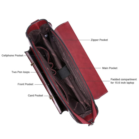 ECOSUSI Aktentasche Damen Laptoptasche 15,6 Zoll Schultertaschen Leder Umhängetasche Vintage groß business taschen Handtasche Arbeitstasche lehrertasche Rot