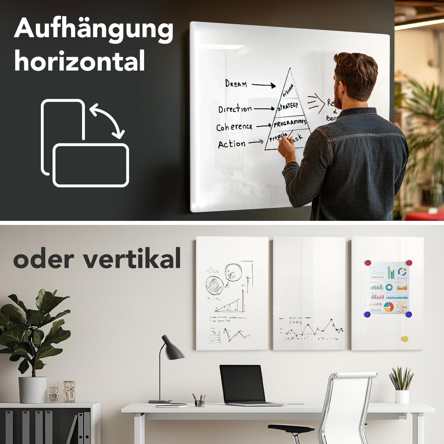 Premium Magnettafel aus Glas, Whiteboard rahmenlos, Pinnwand magnetisch, Glastafel inkl. 5 Magnete, Magnetwand beschreibbar, Wandtafel, Memoboard (120 x180 cm)