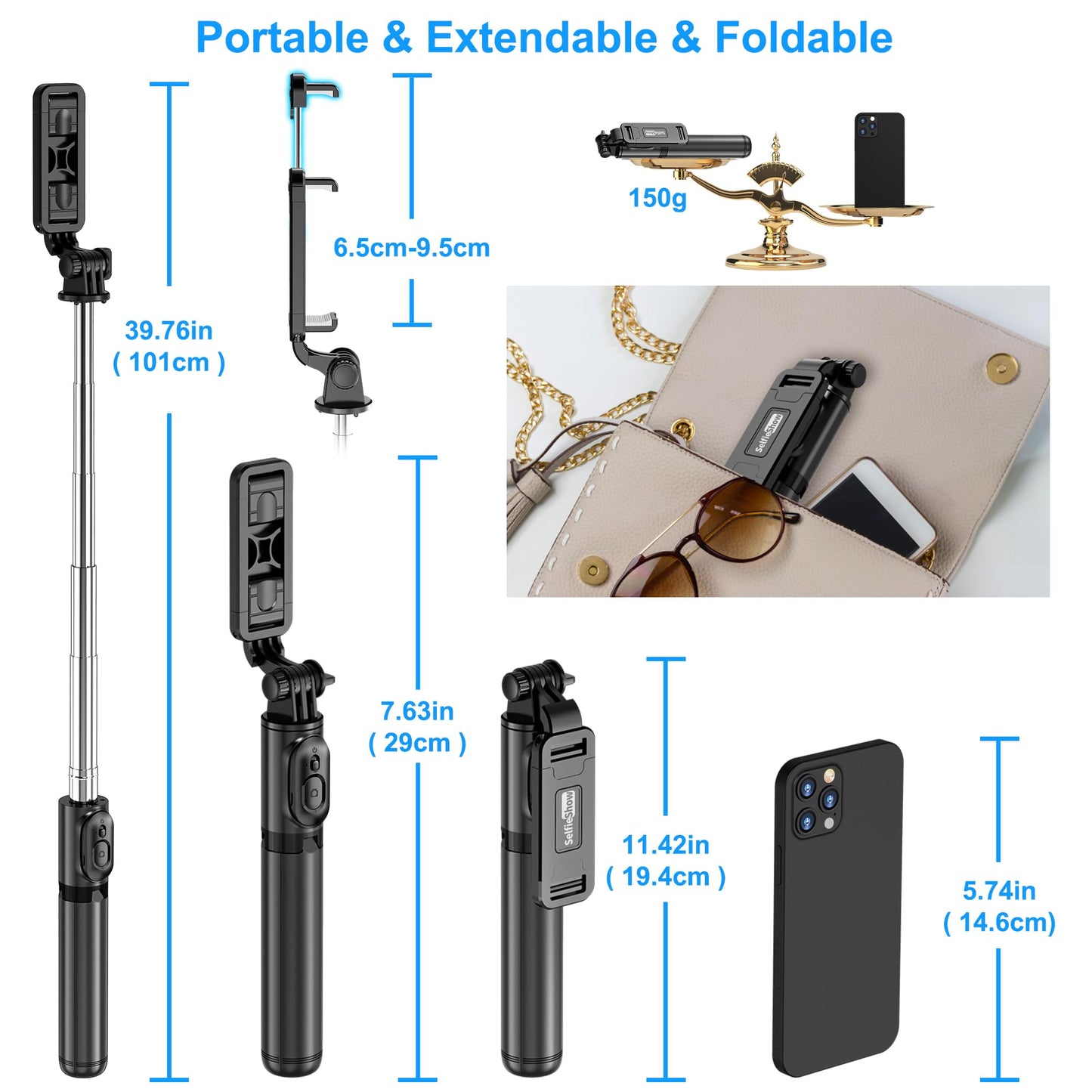 SelfieShow Selfie Stick Stativ, Erweiterbar Selfie-Stange mit Kabelloser Fernbedienung Tragbar Monopod Handyhalter Kompatibel mit iPhone 15/14/13/12/11 Pro/XS Max/XS/X/8/7, Samsung Huawei Smartphones