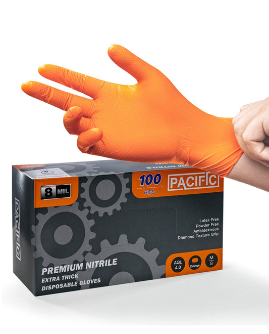 PACIFIC 8-mil Orange Nitril Einweghandschuhe, Heavy-Duty, Industriell, Mechanisch, Diamantstrukturiert, Latexfrei, Puderfrei, EN 374, M