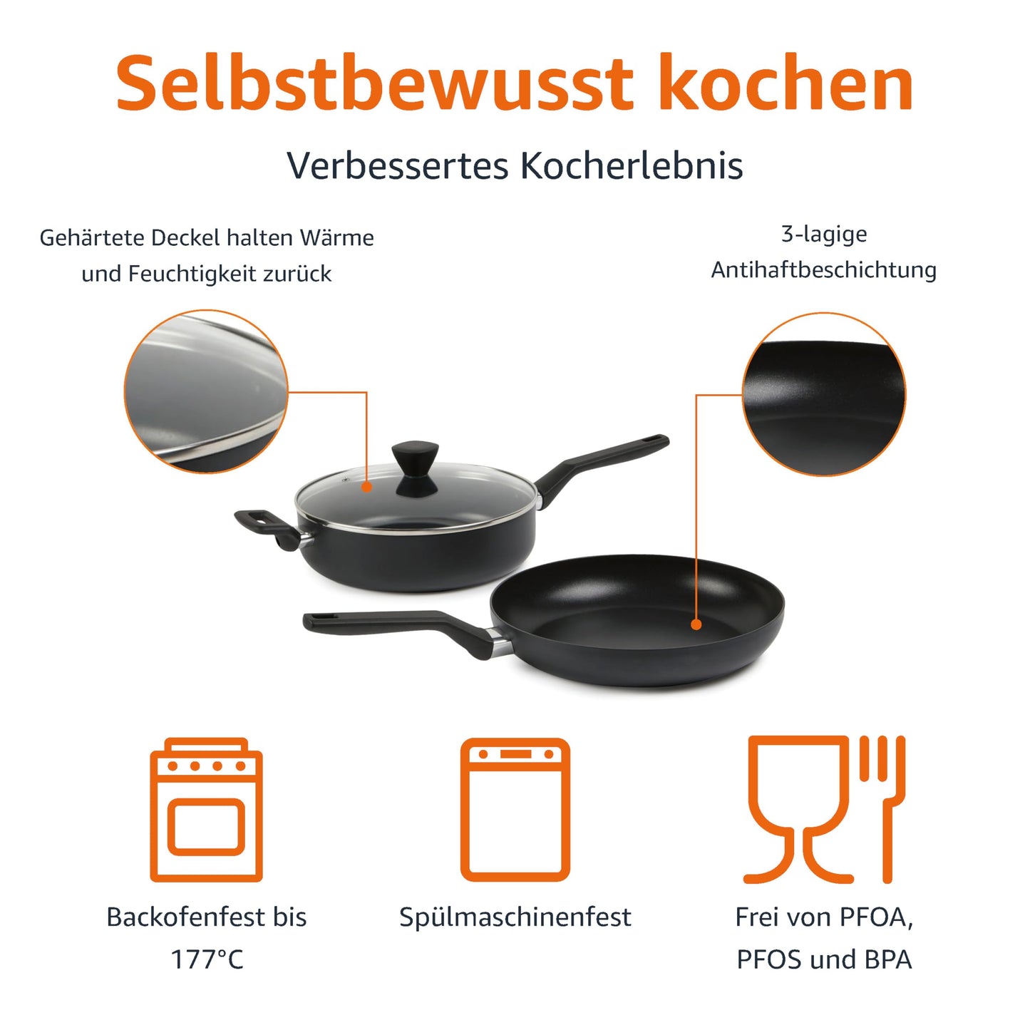 Amazon Basics - 10-teilig Harteloxiertes, antihaftbeschichtetes, stapelbares Kochgeschirr-Set mit Töpfen und Pfannen platzsparend, PFOA-frei, Schwarz