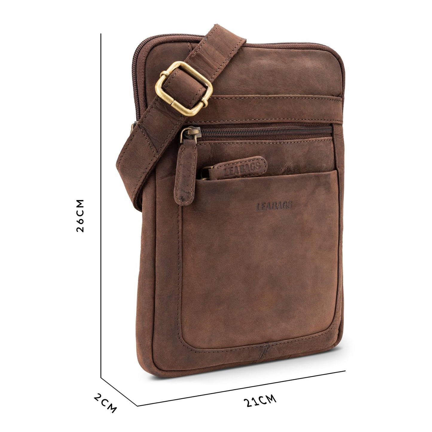 LEABAGS Leder Umhängetasche Herren & Damen I Messenger Bag mit Schultergurt I Schultertasche I Arbeitstasche I Tragetasche I Handtasche I Echtleder Tasche I Nature Dunkelbraun