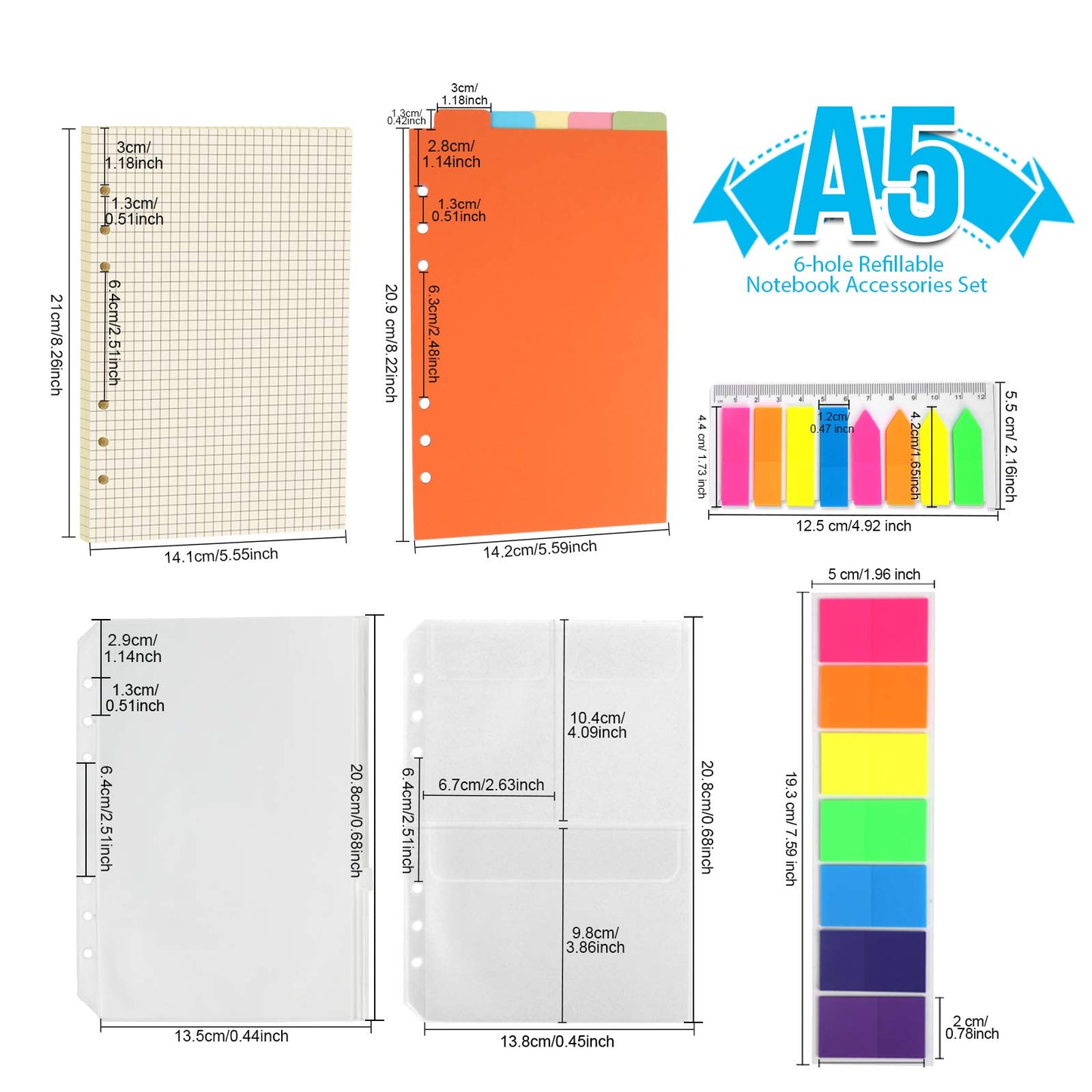 FANDAMEI A5 Karierte Nachfüllbare Notizpapier Set, 2 Packe 6 Löcher A5 Nachfüllpapier 90 Blätter, 5 Stücke Farbige Trennblätter A5, 460 Stücke Haftnotizen Bunt, 2 Stücke Umschlägbeutel A5