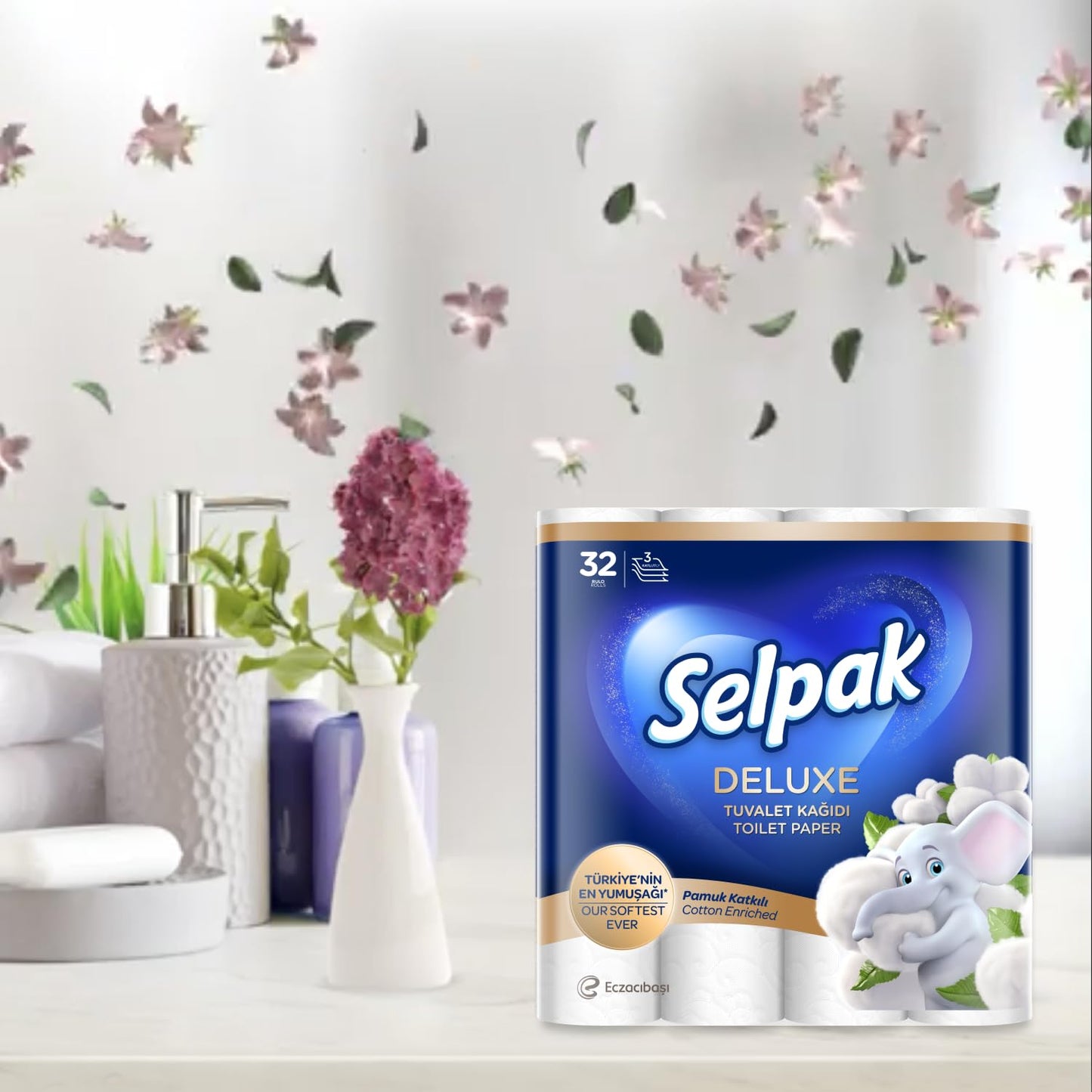Selpak Deluxe Toilettenpapier 3-lagig, 4160 Blatt Klopapier Mit Baumwollfasern, Extra Weich und Stark, Toilet Paper, Wc Papier, 96 Rollen (3 x 32 Rollen)