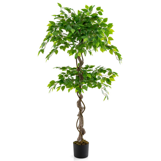 COSTWAY 150 cm Kunstpflanze grün, Künstliche Pflanze Ficus Benjamin, Dekopflanze mit natürlichem Holzstamm & Blättern, Zimmerpflanze Deko, Kunstbaum Innendekoration, für Zuhause Garten Büro