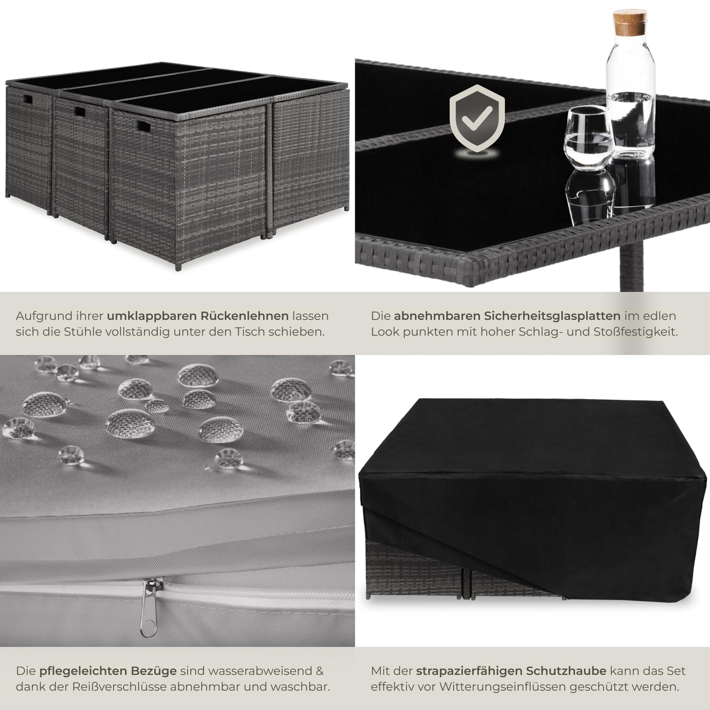 tectake® Outdoor Balkon Gartenmöbel Set, Lounge mit 6 Stühlen, 4 Hocker, 1 Tisch und Schutzhülle, Poly Rattan Geflecht, wetterfest, platzsparend - grau