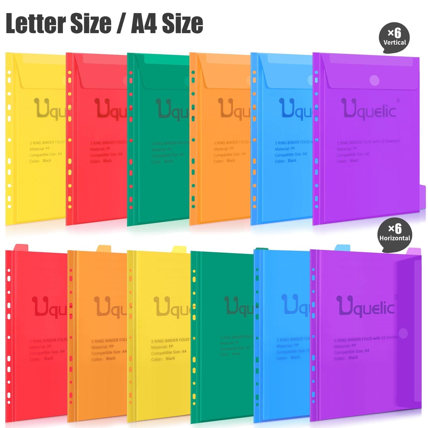 Uquelic Dokumentenmappe A4 zum Abheften, Ringordner A4 Schmal mit 12er Kunststoff Dokumententasche (6 Farben), Wasserdicht Ordner Organizer - Transparent