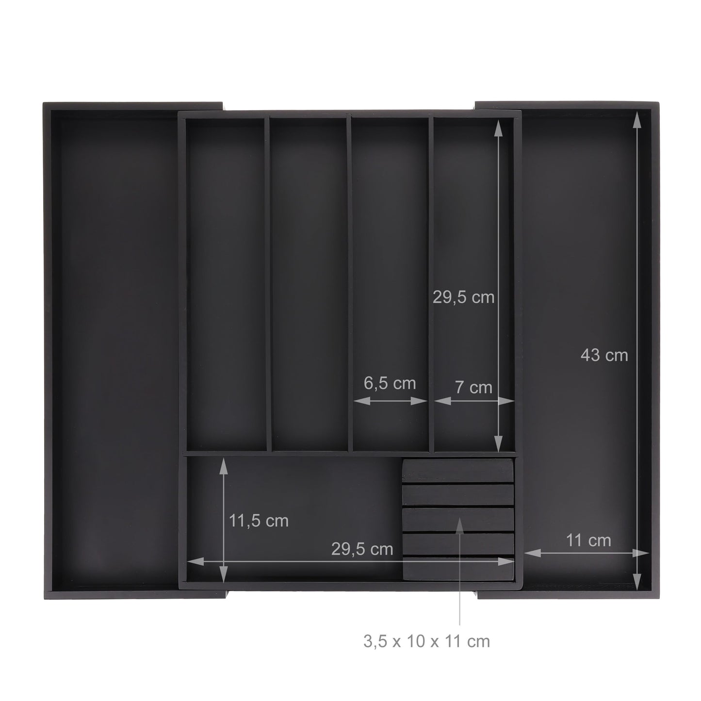 Relaxdays Besteckkasten ausziehbar, Bambus, HBT: 5 x 32,5-55 x 44,5 cm, 5-7 Fächer, Besteckfach mit Messerblock, schwarz, 1 Stück