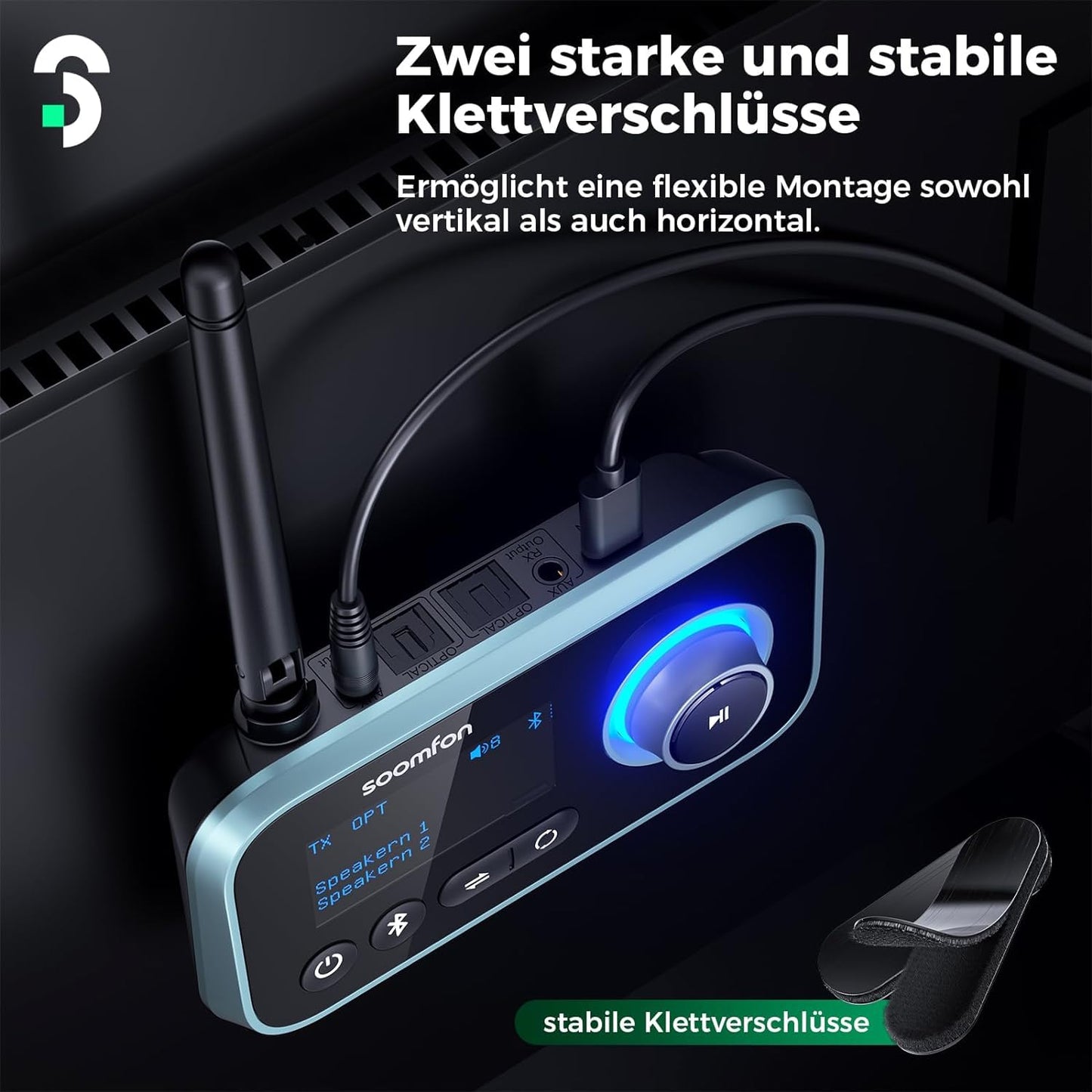 3-in-1 Bluetooth 5.0 Sender Empfänger für 2 Kopfhörer, SOOMFON Bluetooth Adapter Audio für TV PC Stereoanlage, Low Latency Bluetooth Transmitter Empfänger mit Lautstärkeregelung, Aux/RCA/Optisch