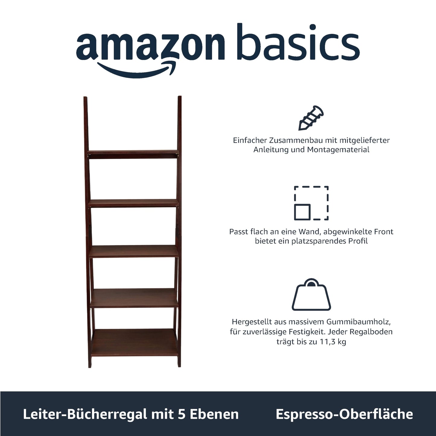 Amazon Basics Modernes Leiter-Bücherregal mit 5 Ebenen, Rahmen aus massivem Kautschukholz - Braun (Espresso), 36 cm x 63 cm x 178 cm (T x B x H)
