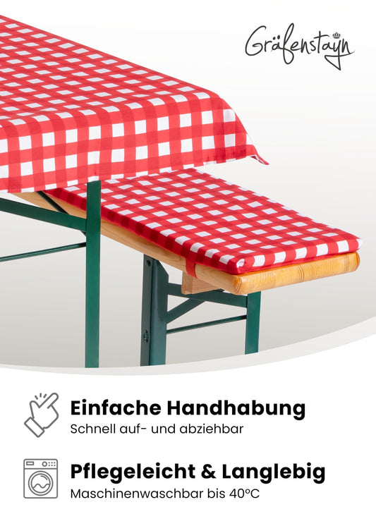 Gräfenstayn® Annabelle Biertischauflagen-Set mit Sitzpolsterung 3 TLG für Bierzeltgarnitur - 70cm oder 50cm Tischbreite - Öko-Tex Siegel Standard 100: "Geprüftes Vertrauen (70x220cm, Rot/Weiß)