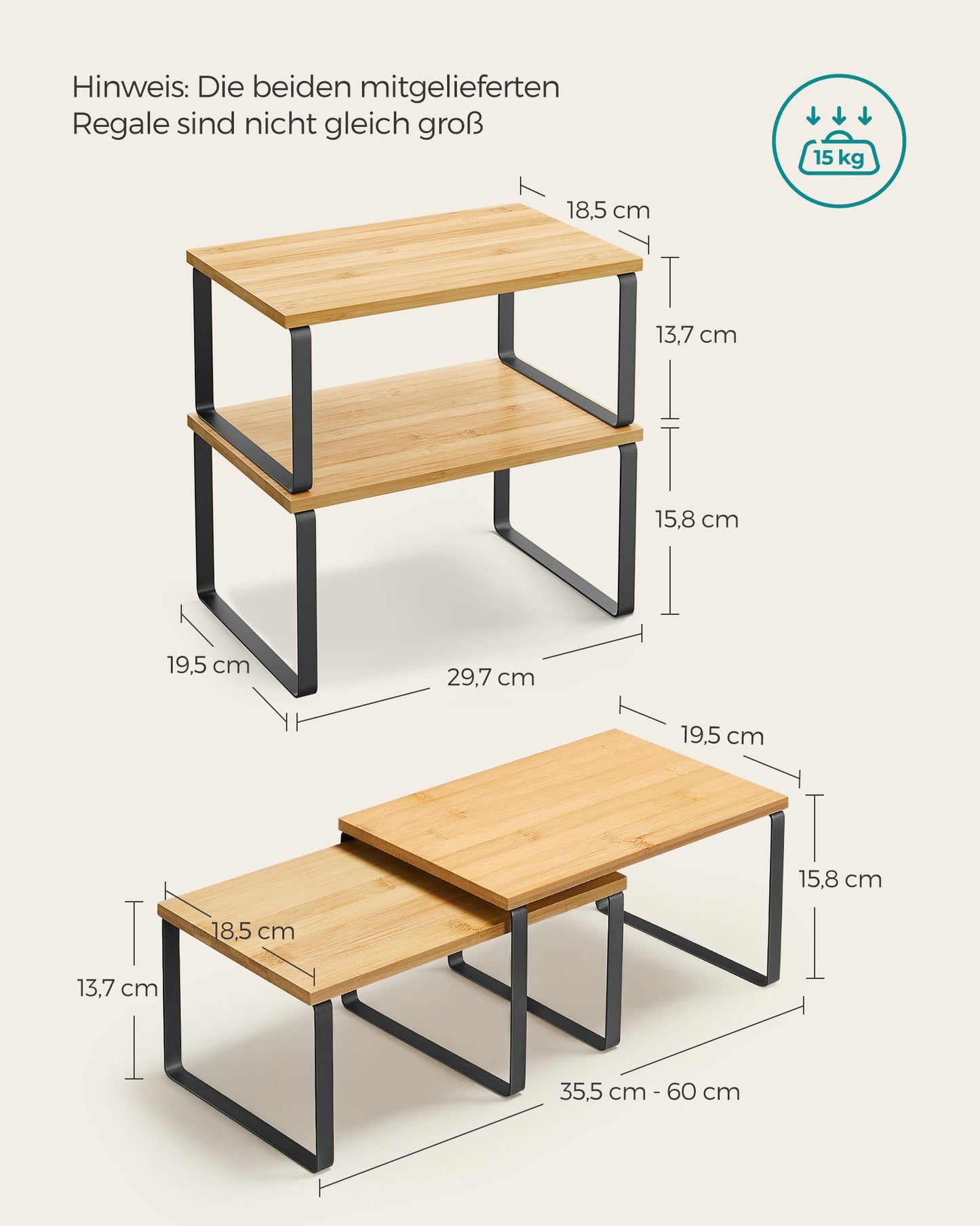 SONGMICS Gewürzregal, 2er Set Küchen-Organizer, Küchenregal, Schrank-Organizer Küche, erweiterbar, kleines Regal, stapelbar, Metall und Holzwerkstoff, tintenschwarz-naturbeige KCS02NB