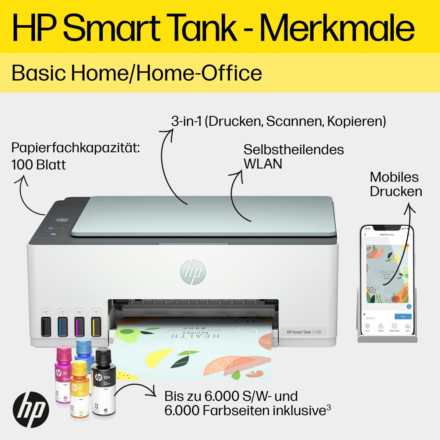 HP Smart Tank 5108 3-in-1 Multifunktionsdrucker, 20€ Cashback (WLAN; Mobiles Drucken) – 3 Jahre Tinte inklusive, 3 Jahre Garantie, großer Tintentank, hohe Reichweite, Drucken in hoher Qualität