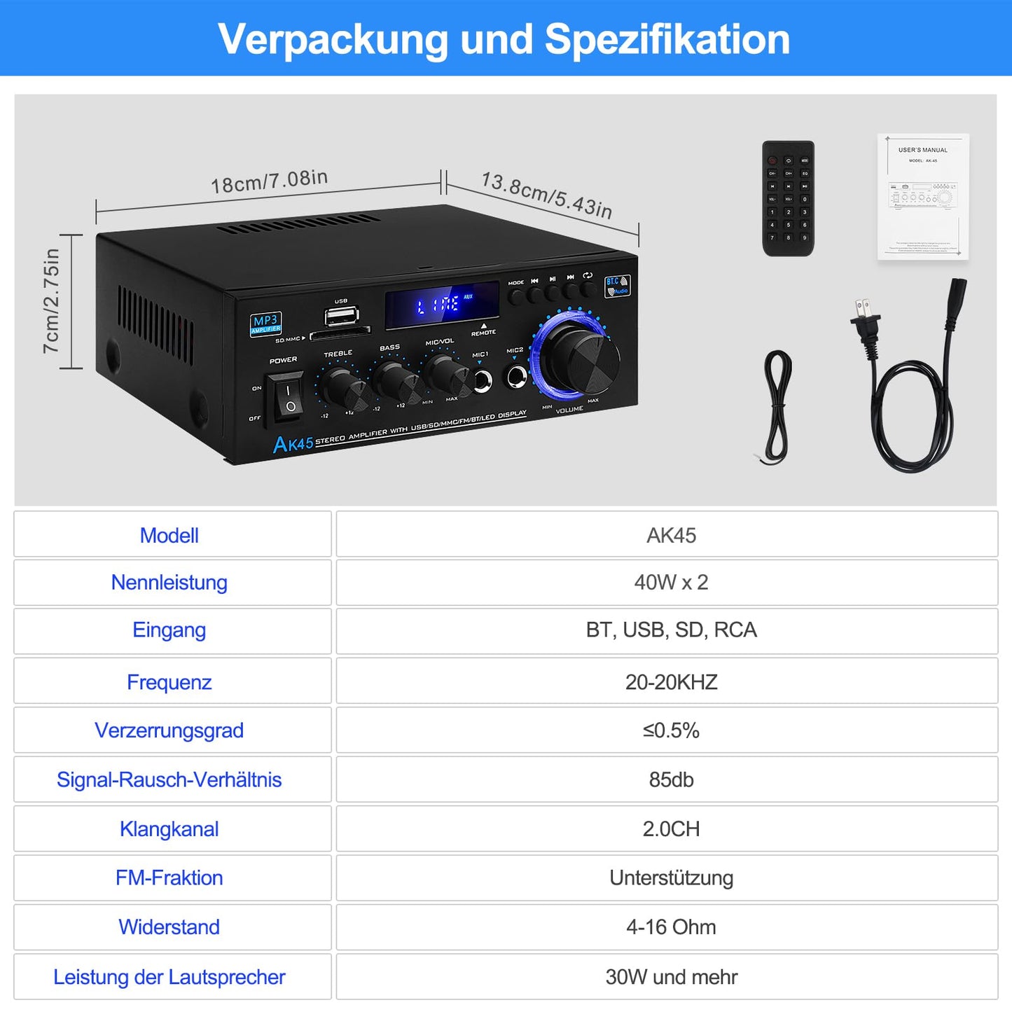 HiFi-Verstärker AK45 Mini Bluetooth Stereo-Audioverstärker Receiver 12V/ 220V 400W 2 Kanäle Digitale Endverstärker Soundverstärker w/UKW-Radio, SD/USB-Karteneingang, für Zuhause oder Auto