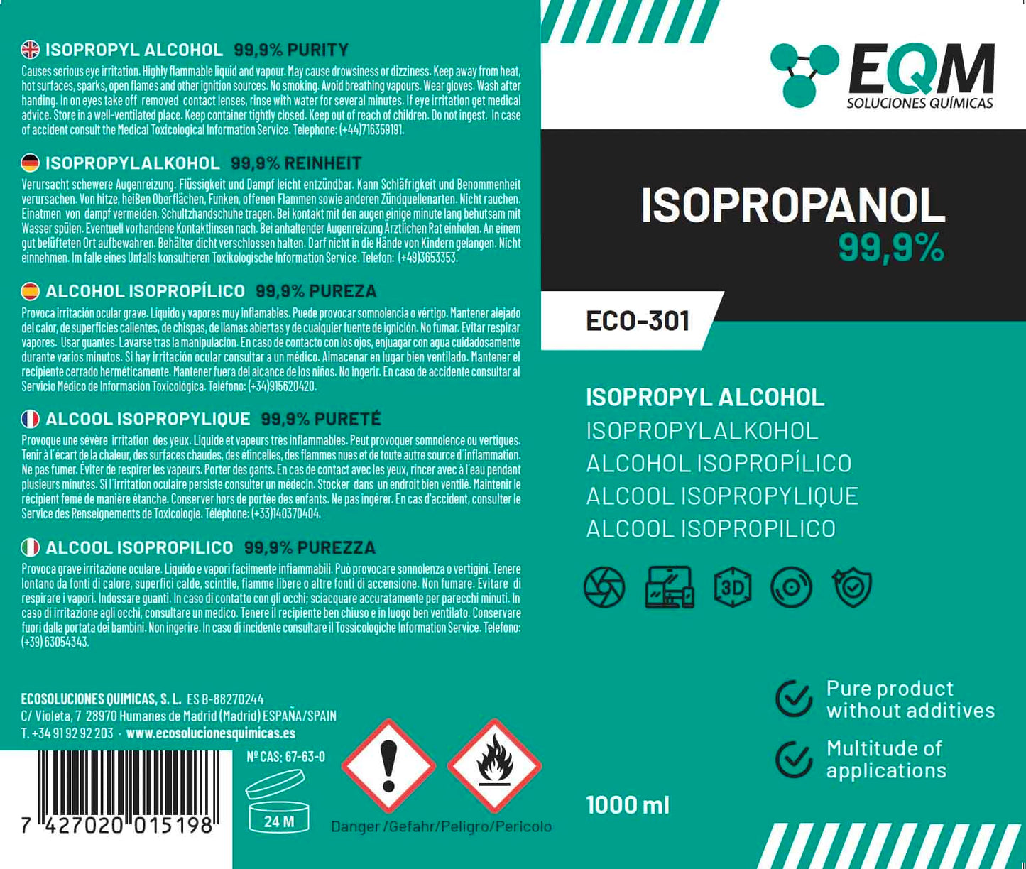 EQM - ECO-301 - Isopropanol - Isopropylalkohol 99.9% - 1L - Reinigung von elektronischen Bauteilen, Linsen und Bildschirmen - Reinigung von Harzen im 3D-Druck