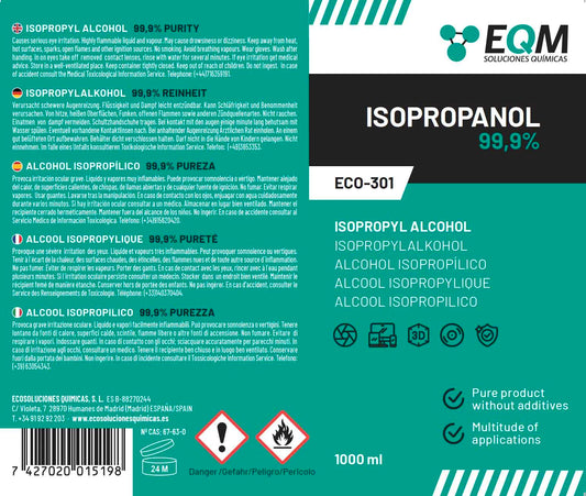 EQM - ECO-301 - Isopropanol - Isopropylalkohol 99.9% - 1L - Reinigung von elektronischen Bauteilen, Linsen und Bildschirmen - Reinigung von Harzen im 3D-Druck