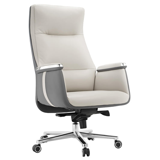 EUREKA ERGONOMIC Hochlehner Bürostuhl, Executive Drehstuhl mit extra breitem Sitz, Ergonomischer Schreibtischstuhl Leder für das Home Office, maximal 136 KG, Beige & Grau