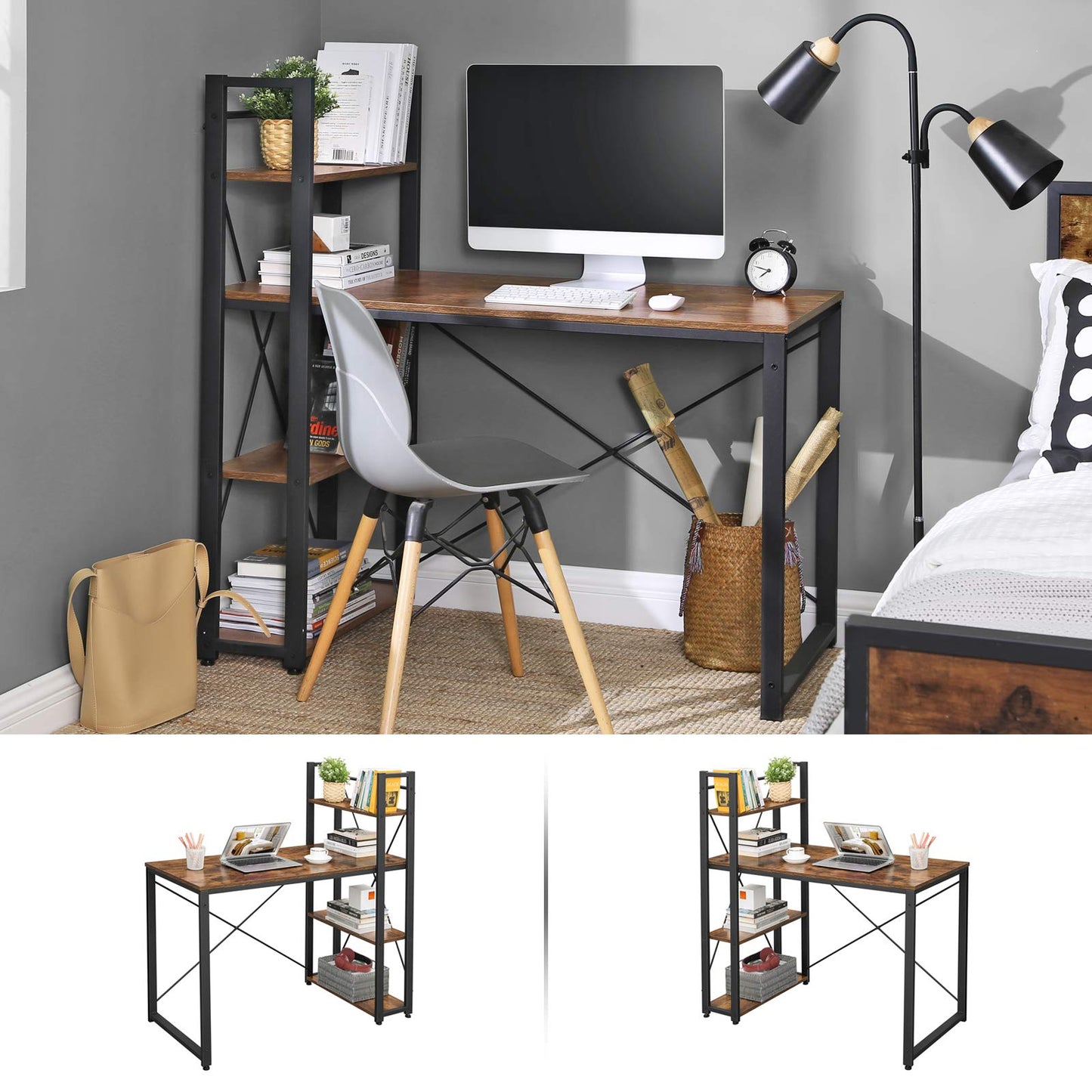 VASAGLE Schreibtisch, Computertisch mit Regalböden rechts oder Links, 120 cm breiter Bürotisch, für Arbeitszimmer, Homeoffice, einfacher Aufbau, vintagebraun-schwarz LWD48X