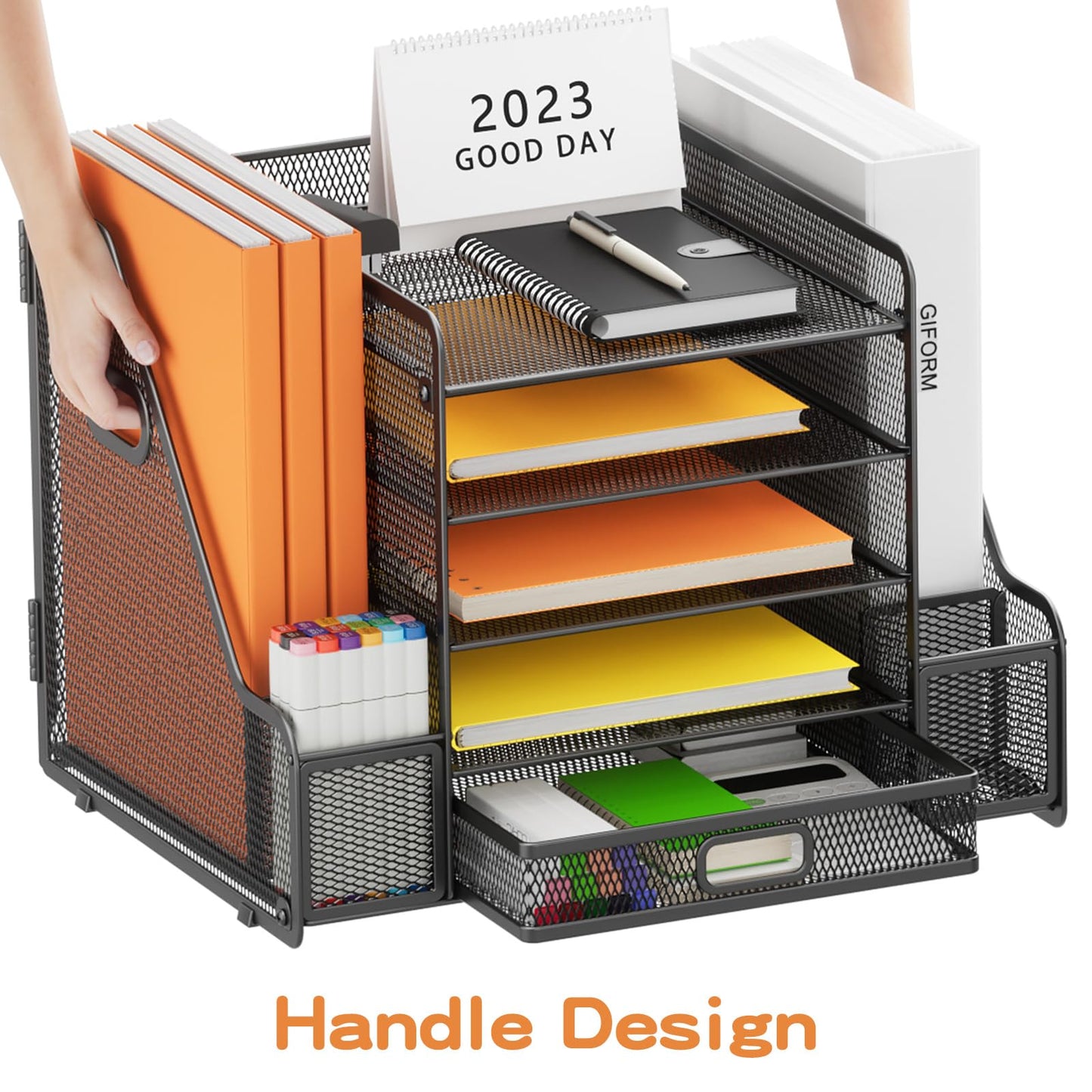 Restorgan Schreibtisch Organizer mit Aktenhalter, 5-stufiger Papier Organizer mit Schublade, Mesh Schreibtisch Akten Organizer mit Zeitschriftenhalter für Büro Organizer Schreibtisch (schwarz)