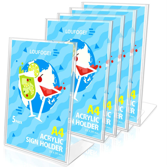LOUFOGEI Aufsteller A4, 5 Stück Acryl Tischaufsteller A4 für Poster, Flyer, Speisekarten, Transparent Din A4 Aufsteller, Schräg L-Acryl Tischaufsteller für Restaurant, Theke, Werbeaktionen, Shop
