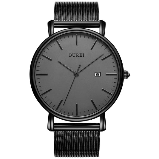 BUREI Ultra Dünne Uhren Herren Schwarze Analoges Datum Armbanduhr Herren mit Japanisches Quarzwerk, Geschenke für Männer