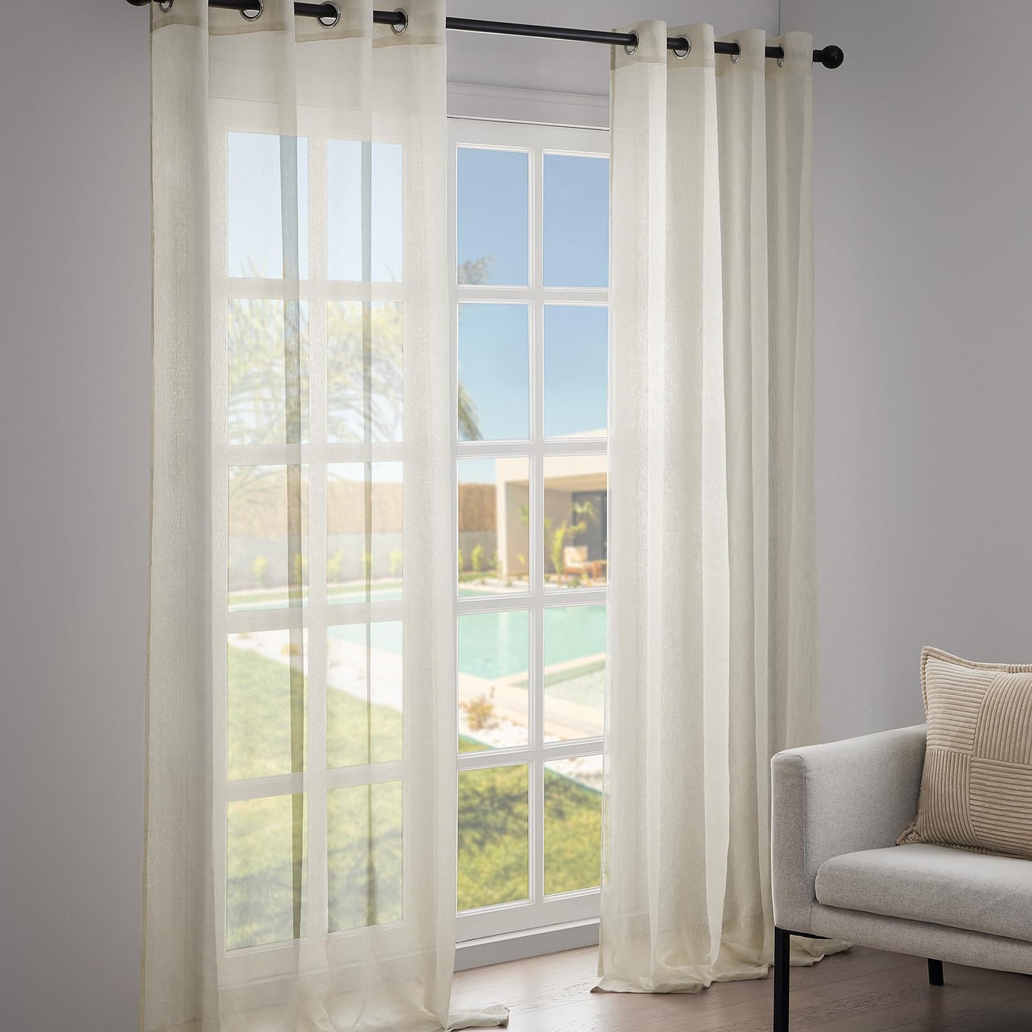 Topfinel 1er Set Gardinen Wohnzimmer Stores Gardinen mit ösen Voile Vorhang Halbtransparent Moderne Leinenoptik vorhänge kinderzimmer Gardinen Fenster 300x280 cm (BxH)
