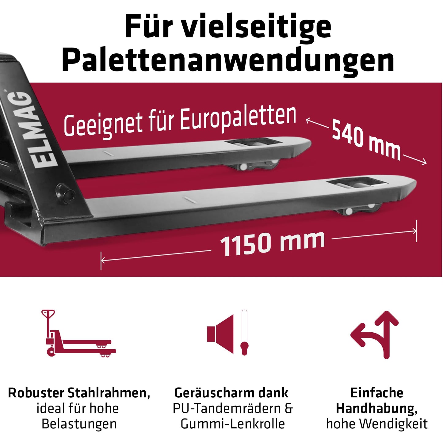 Elmag Handhubwagen HW 2500 – Hubwagen mit 2500 kg Tragkraft, 1150 mm Gabellänge, 540 mm Gabelbreite – Palettenwagen mit Gummirädern & Polyurethan-Tandemrollen – Gabelhubwagen für mühelosen Transport