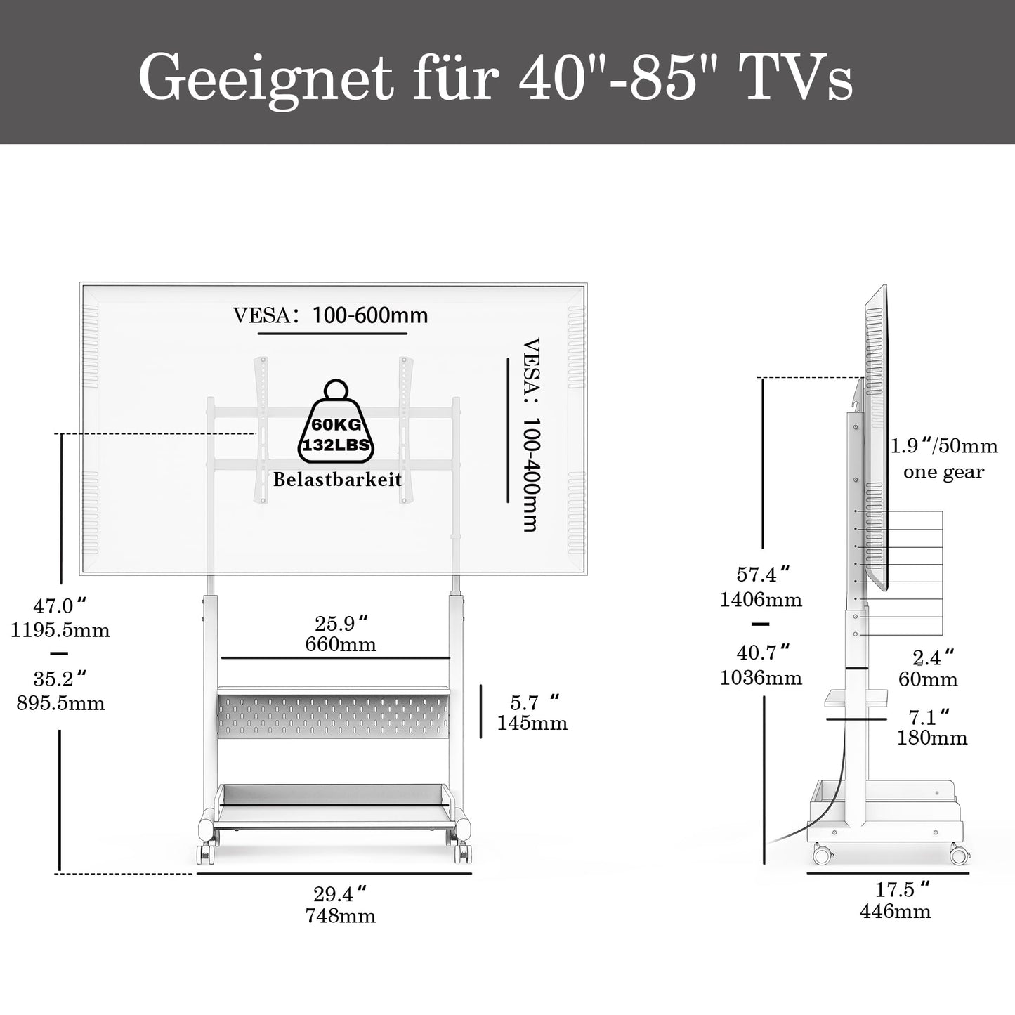 FITUEYES TV Ständer Rollbar Fernsehständer mit Rollen Bodenständer TV Rollwagen für 40-85 Zoll Fernseher höhenverstellbar hoch Max 60KG VESA 600x400 mm