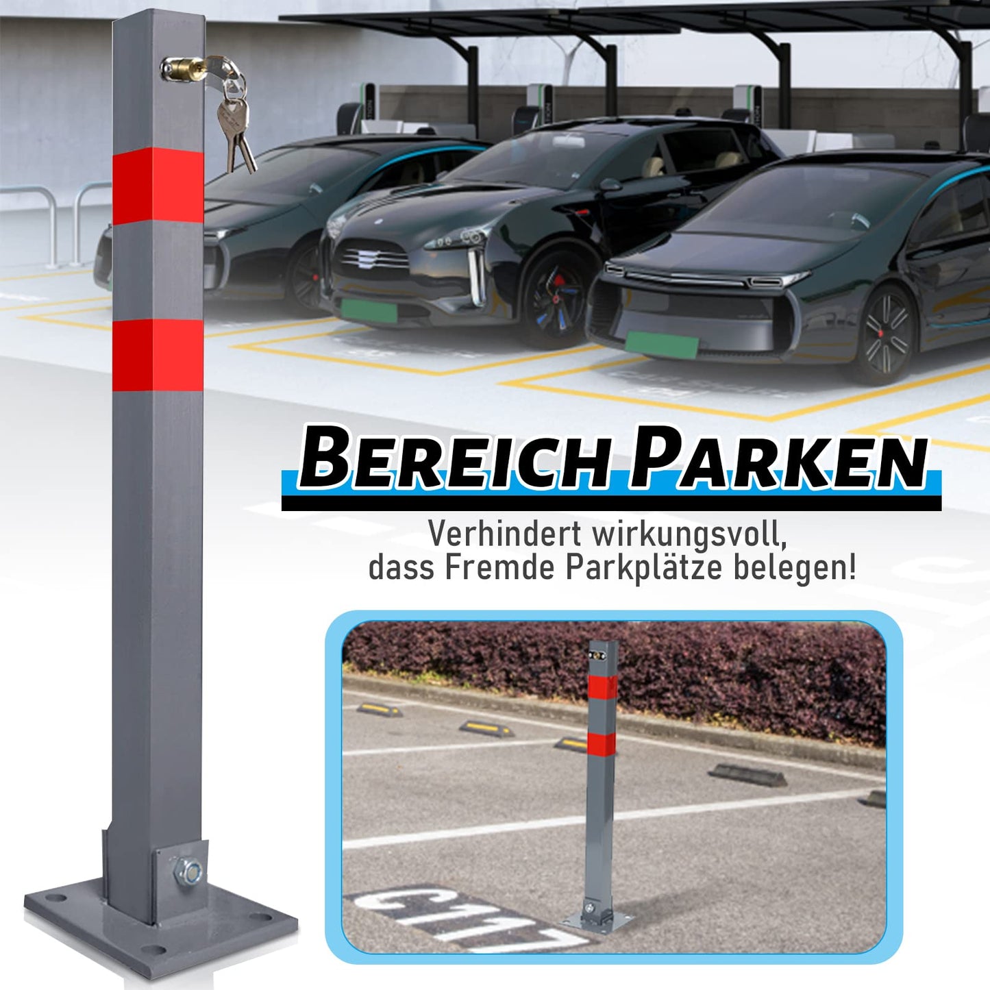 Ikodm 1 Stück Parkplatzsperre Klappbar Parkpfosten Absperrpfosten mit 3 Schlüssel mit Warnstreifen