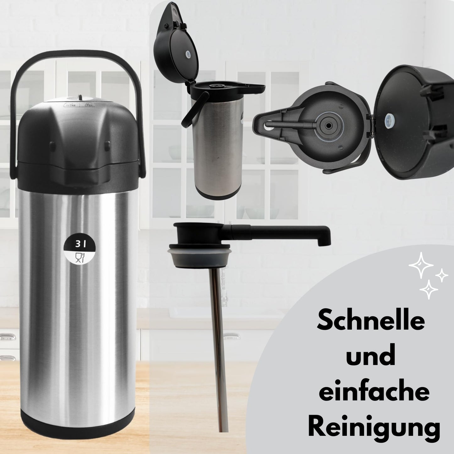 Airpot Pumpkanne 2,2l 3l oder 5l Isolierkanne Thermoskanne isolierte Kaffeekaraffe Kaffeekanne Gastro Kaffeespender auch für Camping aus Edelstahl & GRATIS-HLKauf-Block (3 Liter & 1x HLKauf-Block)