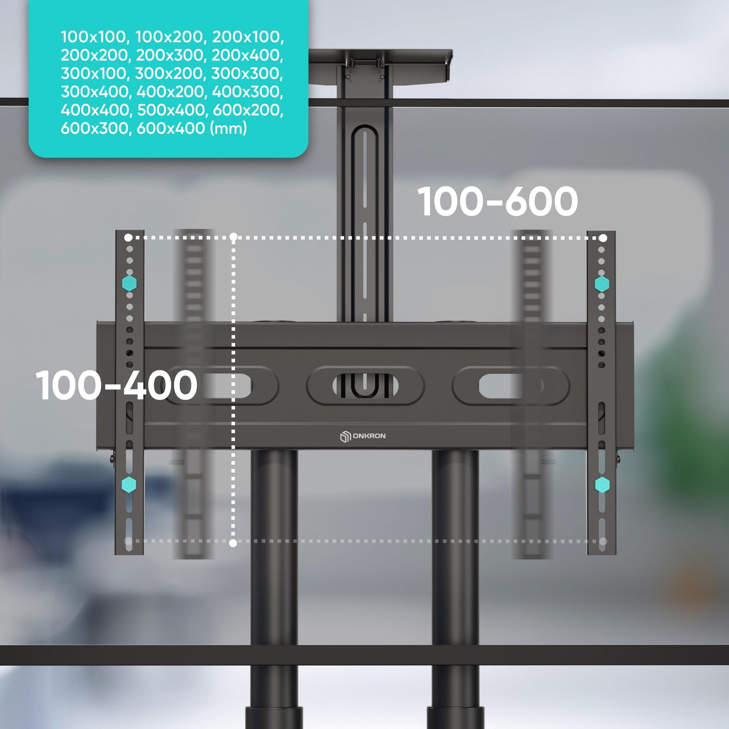 ONKRON TV Ständer rollbar für 40-70 Zoll TVs bis zu 45,5 kg - Fernsehständer höhenverstellbar max VESA 600x400, professioneller Fernseher Rollwagen/TV Wagen mit Rollen Schwarz TS1551-B