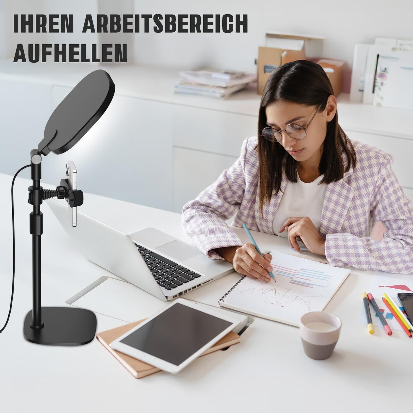 Schreibtischlampe LED Dimmbar,Streaming Licht Tischlampe für Homeoffice - Augenschutz Tageslichtlampe Desk Lamp mit Metallbasis - Desk Light für Beleuchtung Videokonferenz