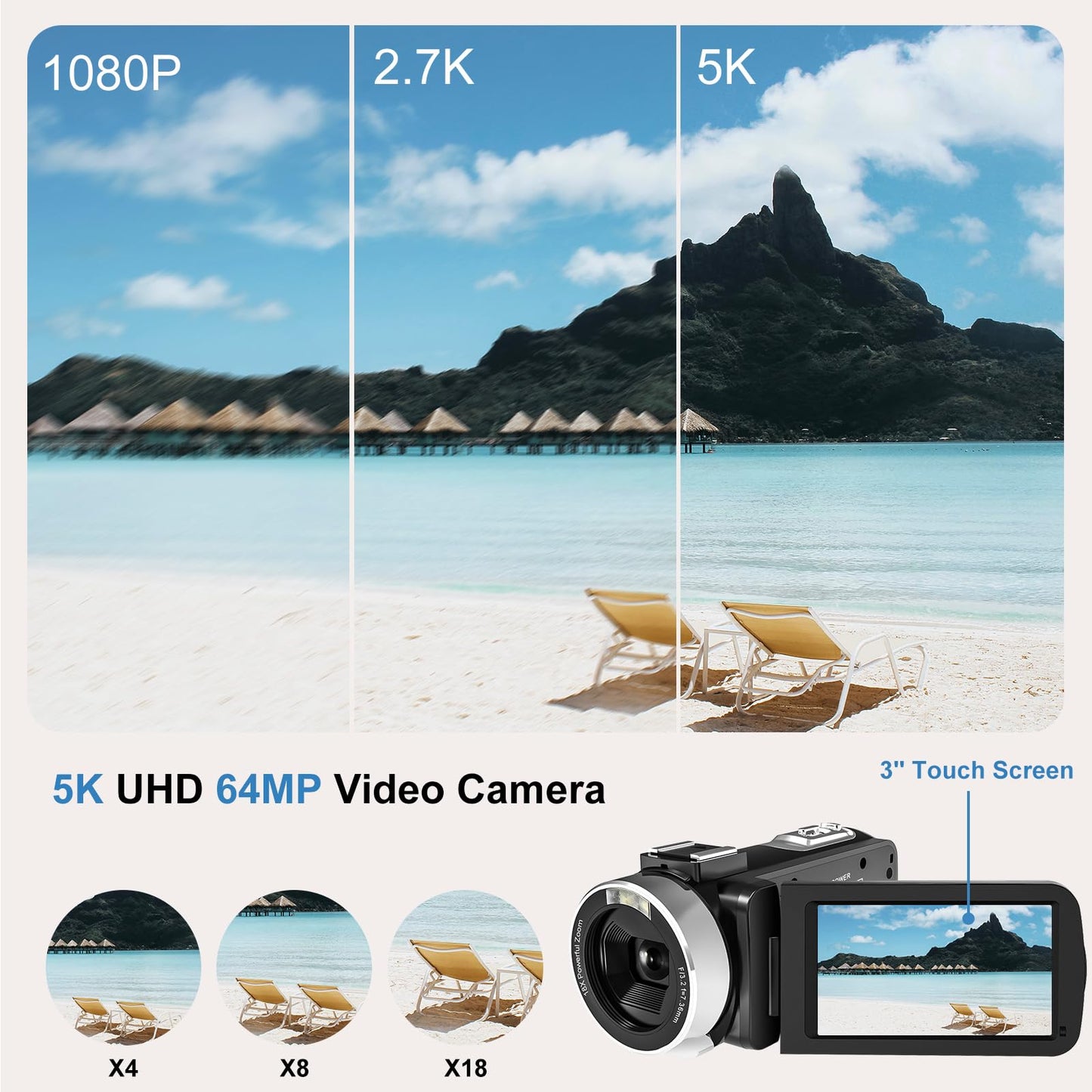 Delmodes Videokamera 5K Camcorder 64MP WiFi 18X Digitalzoom Vlogging Kamera für YouTube, 3.0" IPS Touchscreen IR Nachtsicht Videokamera mit Handstabilisator, 32GB SD-Karte, Fernbedienung, Batterien