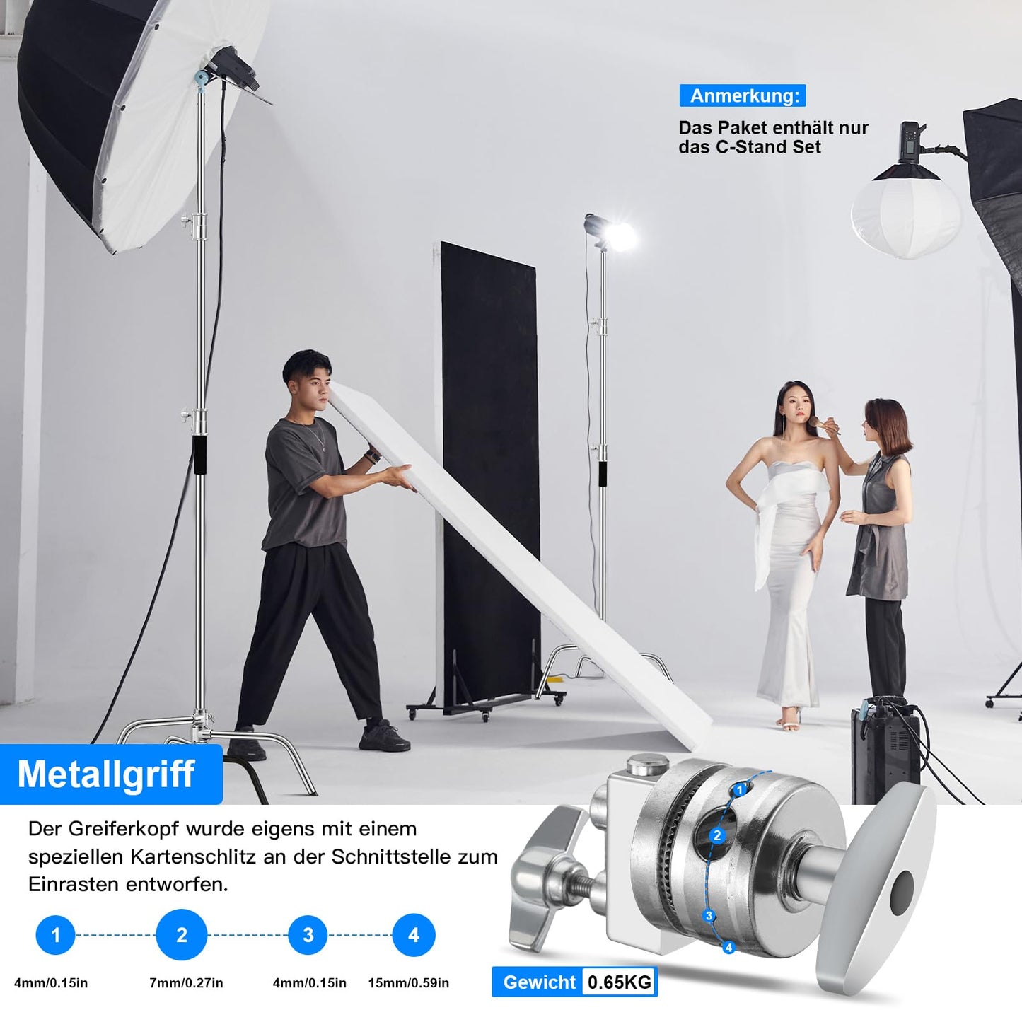 Soonpho C Stand 3m Edelstahl Heavy Duty mit Galgenstativ 330cm und 130cm Haltearm Kit,4 Grip Head Einstellbar,Lichtstativ,für,Softbox,Aufnahmestudio,Monolights,Fotoreflektoren,Flash,Kamera