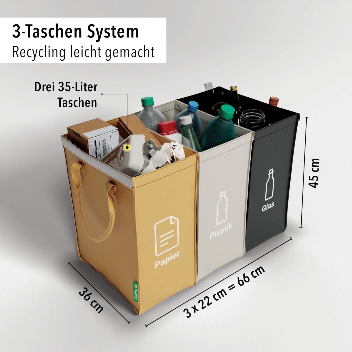 qikfresh - Mülltrennsystem 3er Set | Abfalltrennsystem mit 3 Fächer zum Recycling von Altglas, Altpapier, Kunststoff, Leergut, etc. | Sammelbehälter zur Abfall Aufbewahrung (Symbole + Text)