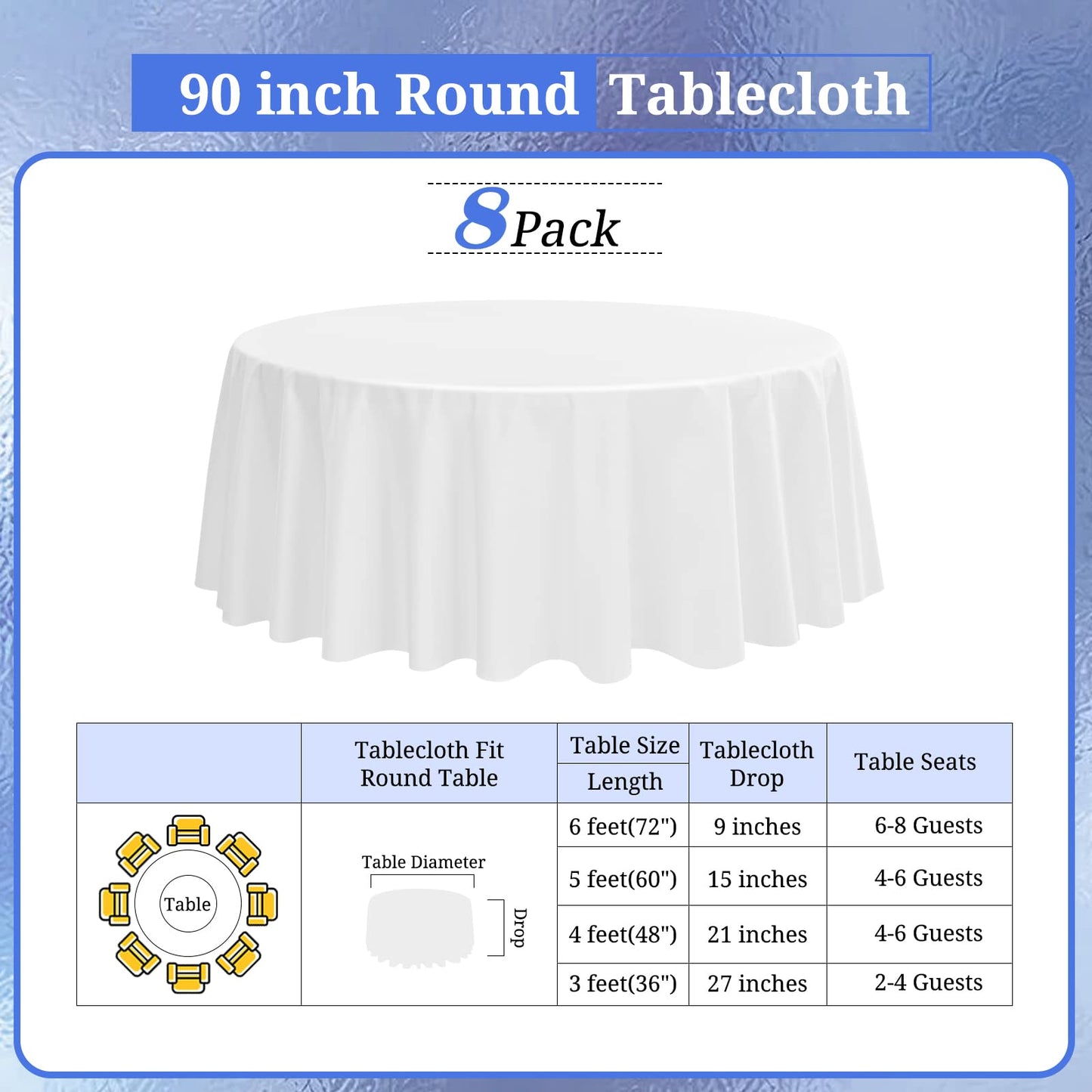 8 Stück Runde Tischdecken - 229 cm Weiß Polyester Tischdecke für Runden Tisch, Pflegeleicht Waschbare Stoff Tischdecke, Flecken und Knitterfrei Polyester Tischdecke für Hochzeits Bankett Party