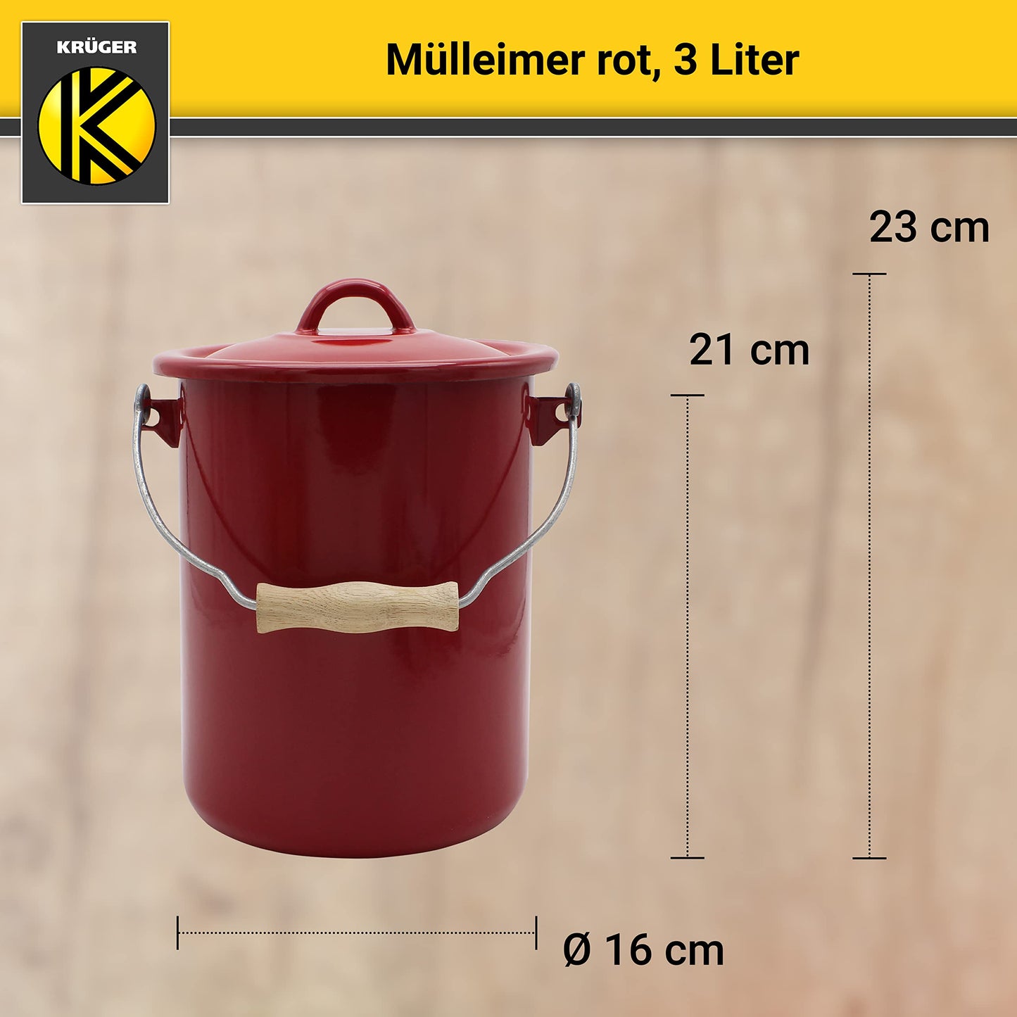 KRÜGER Mülleimer mit Deckel - Stahl Abfalleimer mit Emaille-Beschichtung und Holzgriff - schnitt- und kratzfeste Oberfläche - langlebig und vielseitig einsetzbar(3 Liter, rot)