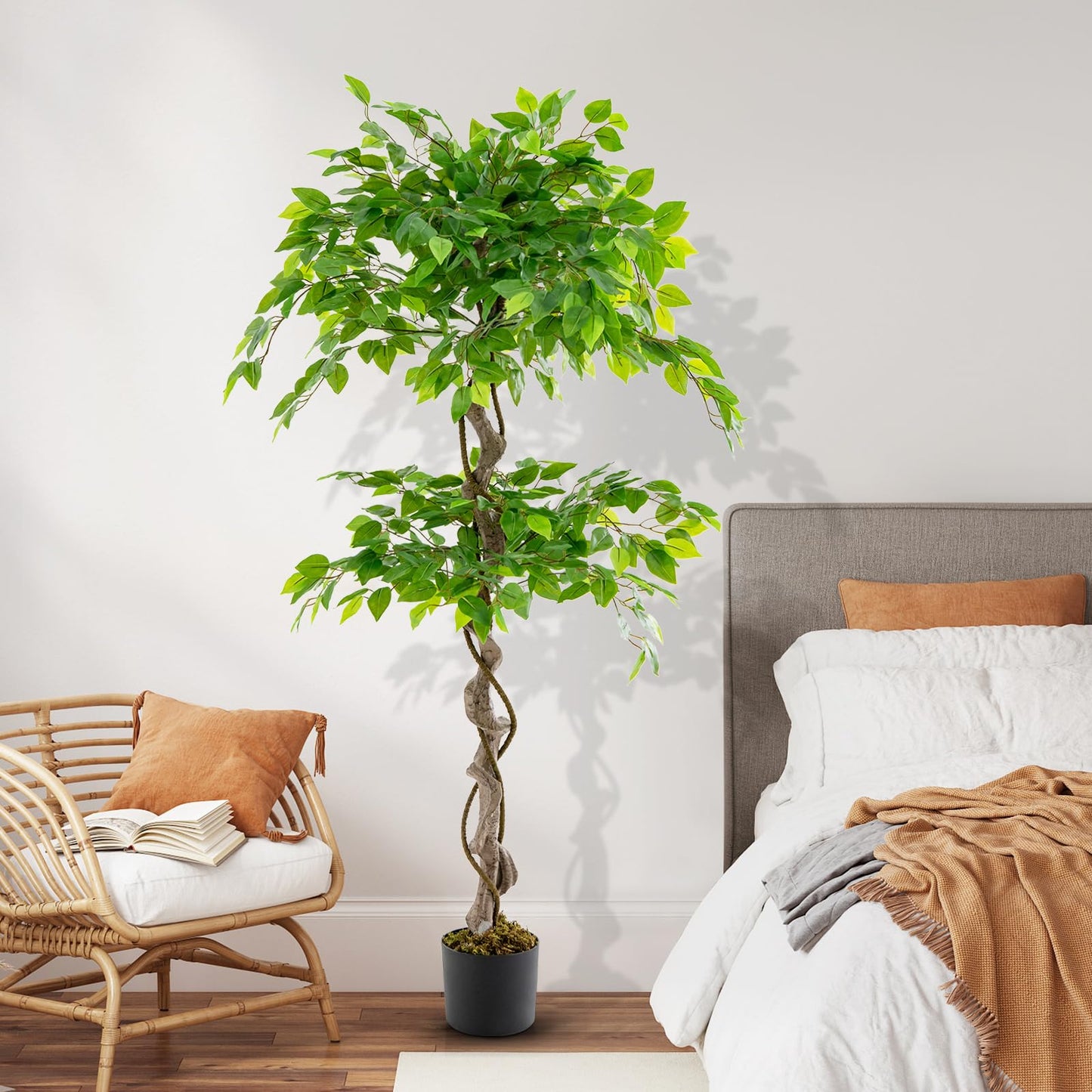COSTWAY 150 cm Kunstpflanze grün, Künstliche Pflanze Ficus Benjamin, Dekopflanze mit natürlichem Holzstamm & Blättern, Zimmerpflanze Deko, Kunstbaum Innendekoration, für Zuhause Garten Büro