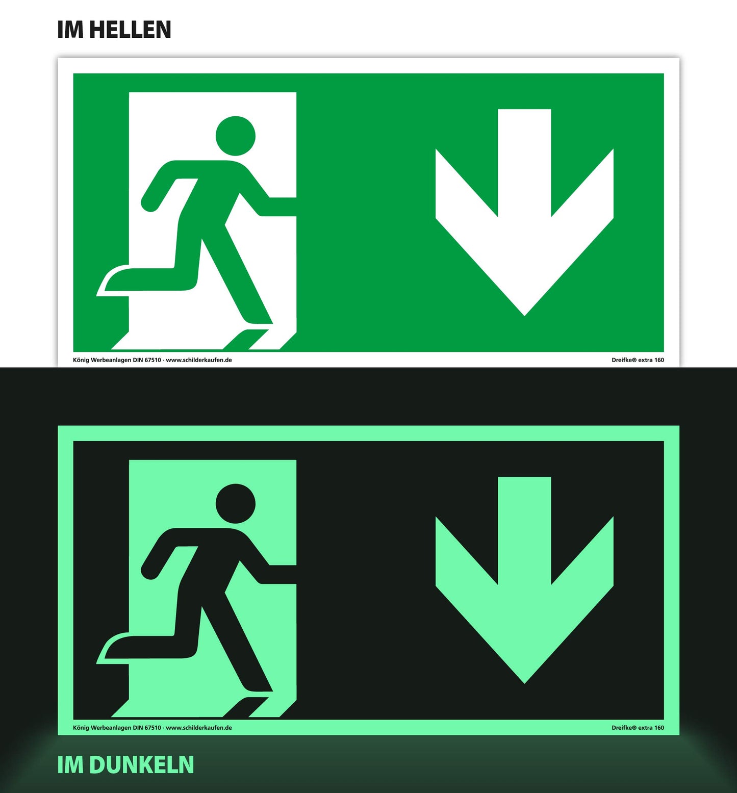 Schild Notausgang | extra langnachleuchtend | PVC selbstklebend 297x148mm | gemäß ASR A1.3 DIN 7010 DIN 67510 | Notausgangsschild Pfeil nach unten | Fluchtwegschild Rettungsweg | Dreifke® extra 160