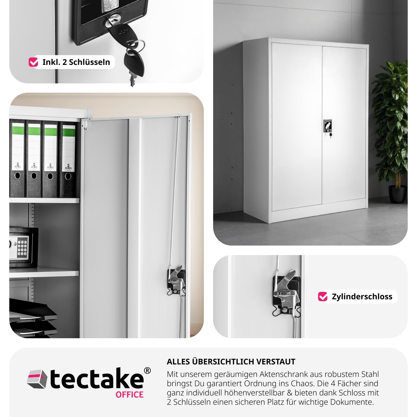 tectake Aktenschrank, Büroschrank abschließbar, Mehrzweckschrank aus Stahl, Allzweckschrank, mit 2 Türen, inkl. 3 höhenverstellbare Einlegeböden, 140x90x40 cm - grau