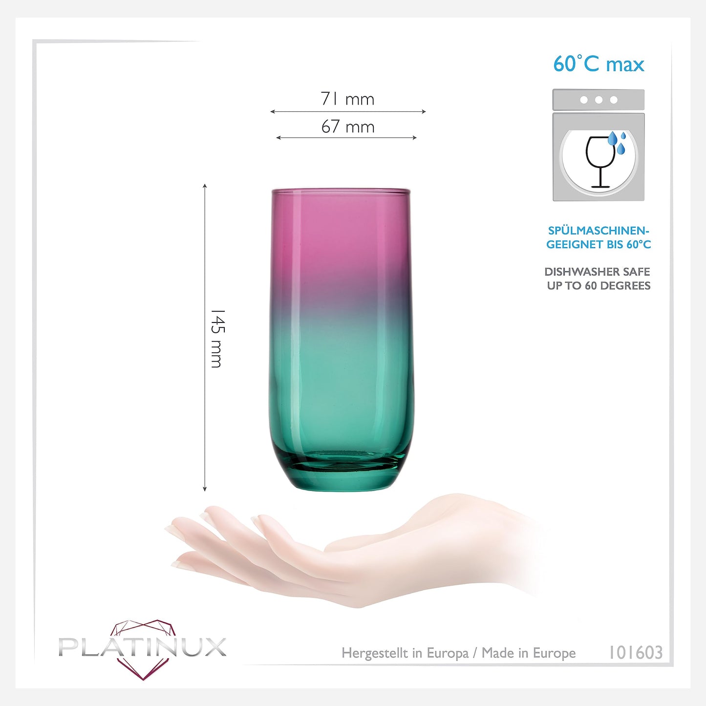 PLATINUX Trinkgläser Rosa-Türkis aus Glas Bunt 360ml (max. 440ml) Set 6 Stück Wassergläser Saftgläser Longdrinkgläser
