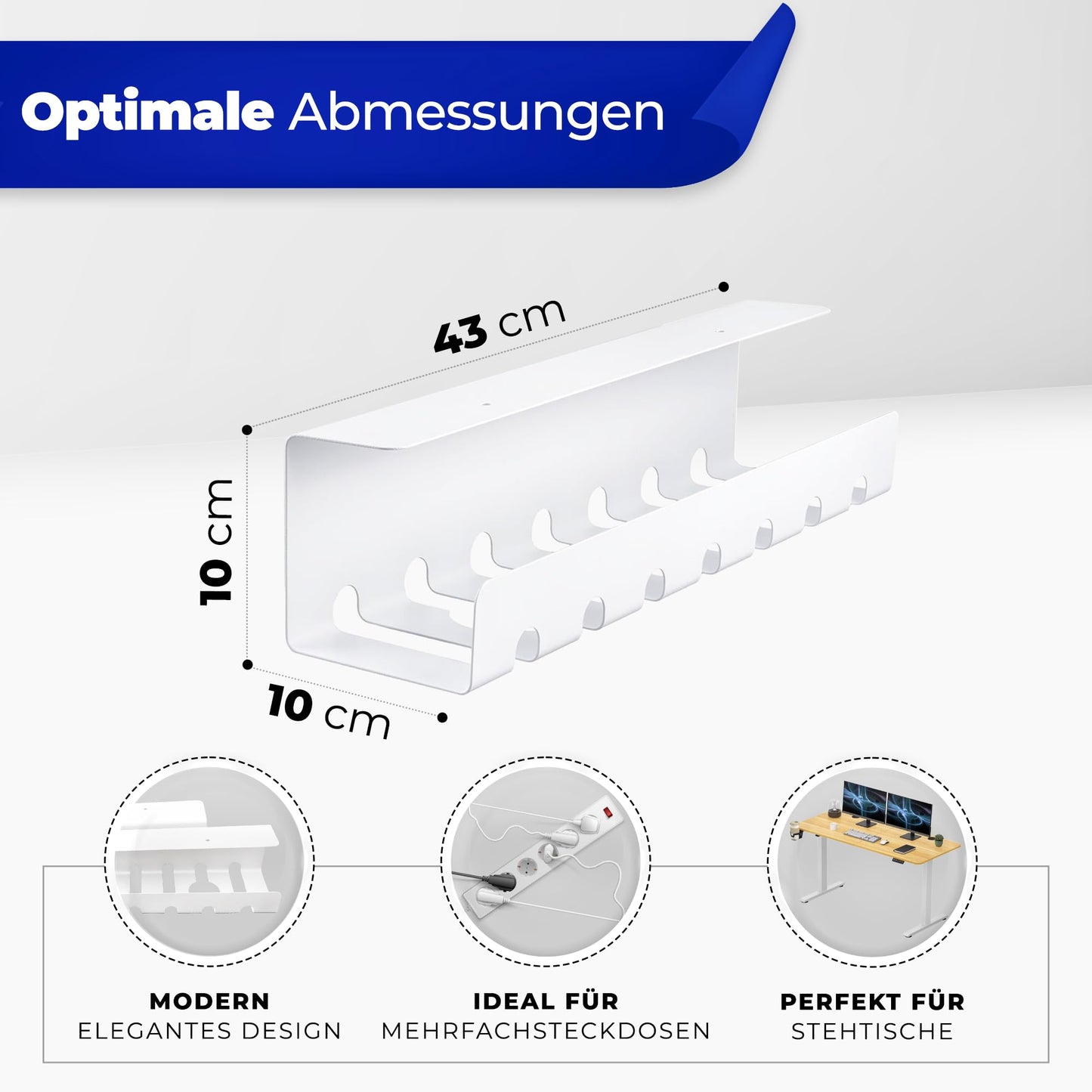 HOMEPROTEK Kabelkanal für EIN ordentliches Kabelmanagement, 1 x Weiß – Halterung mit einfacher Montage, 43 x 10 x 10 cm Kabel-Organizer, für Büro zu Hause