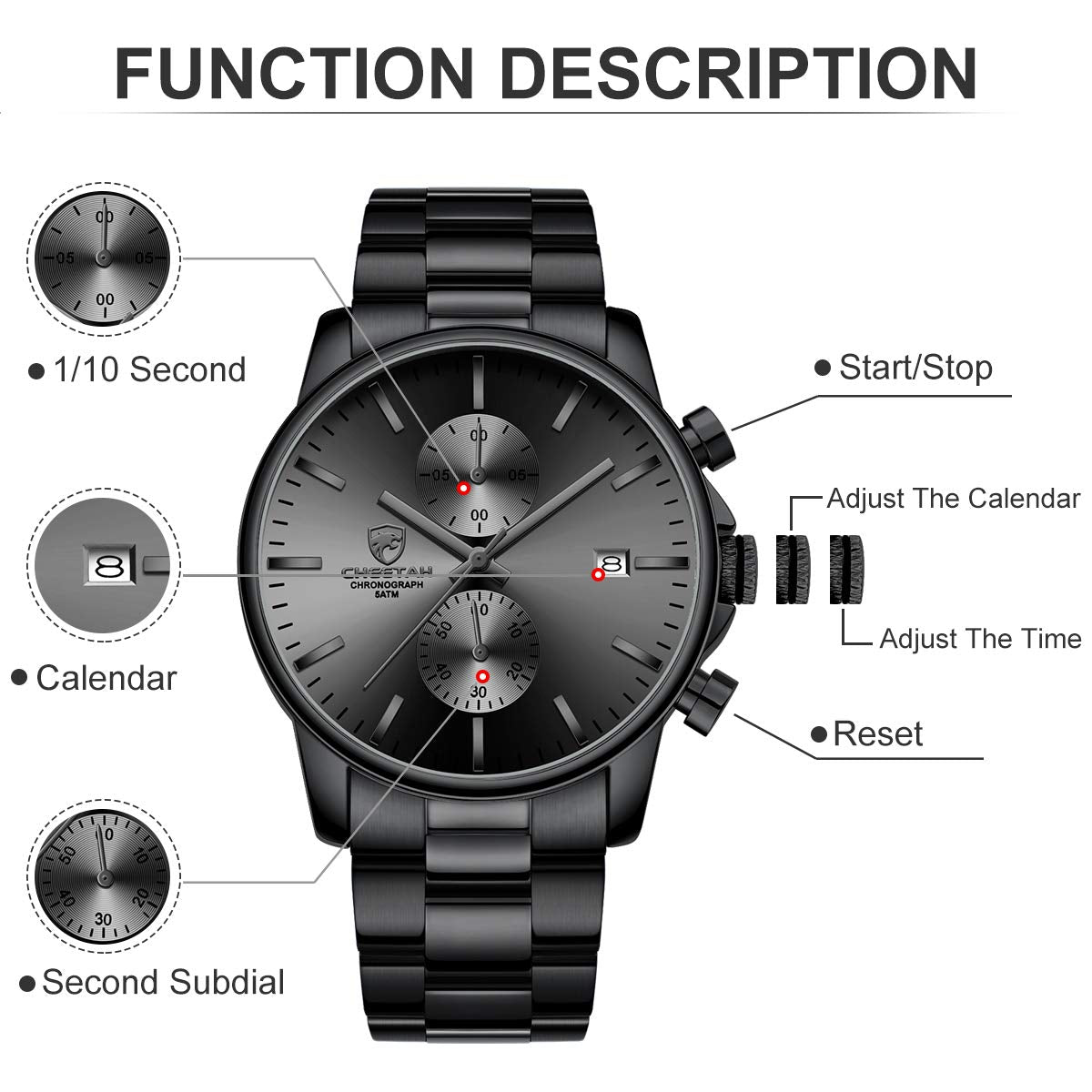 Herrenuhren mit lässiger wasserdichter Chronographen Quarzuhr aus Edelstahl und Metall, Auto Date in farbenfrohen Zeigern