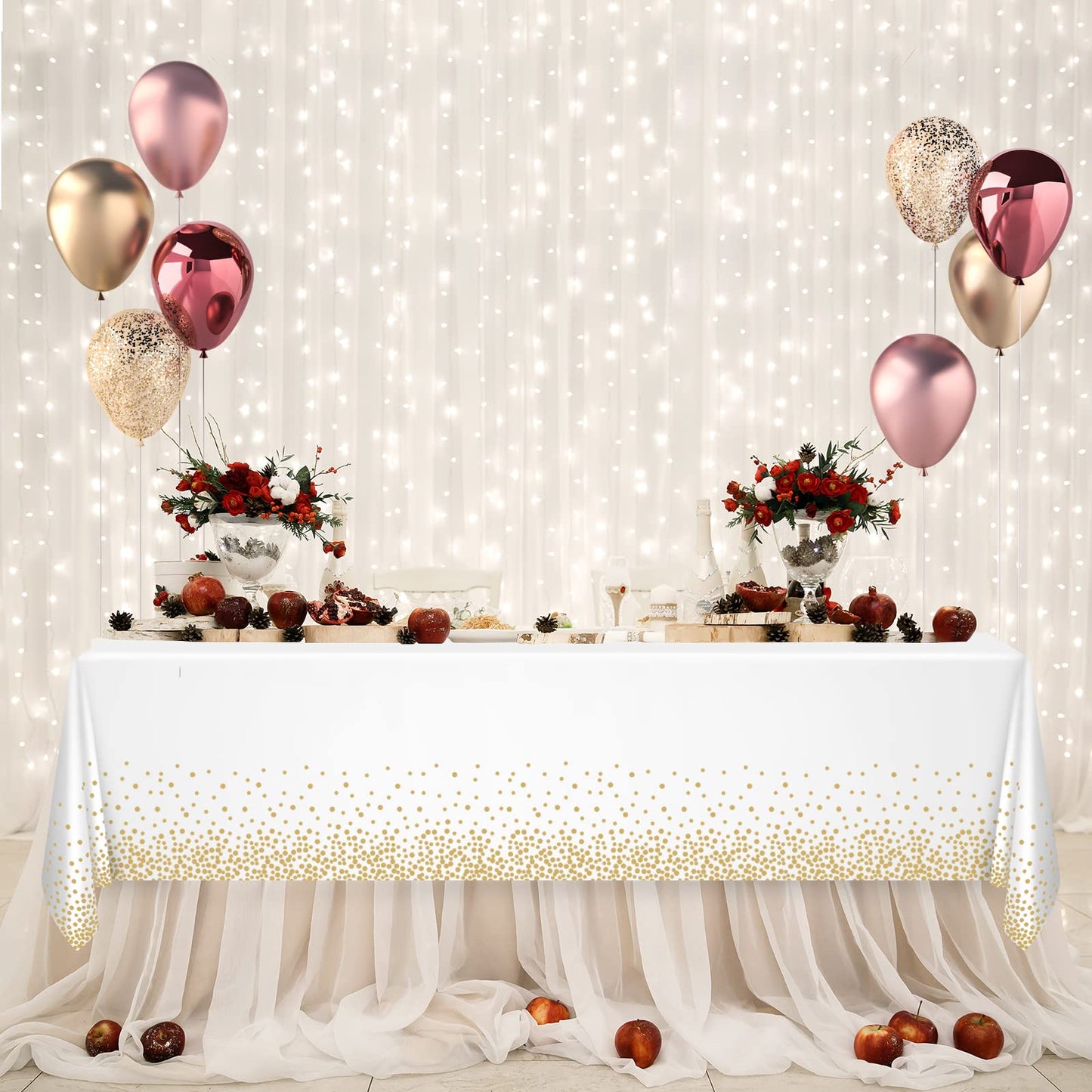 PLULON Weiß und Gold Dot Tischdecke Weiß und Gold Tischdecke 137 x 274 cm Kunststoff Rechteck Tischdecke für Weiß und Gold Party Geburtstag Tischdekoration