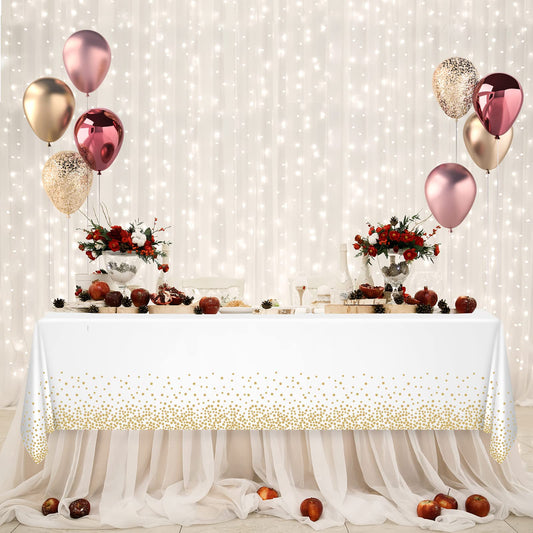 PLULON Weiß und Gold Dot Tischdecke Weiß und Gold Tischdecke 137 x 274 cm Kunststoff Rechteck Tischdecke für Weiß und Gold Party Geburtstag Tischdekoration