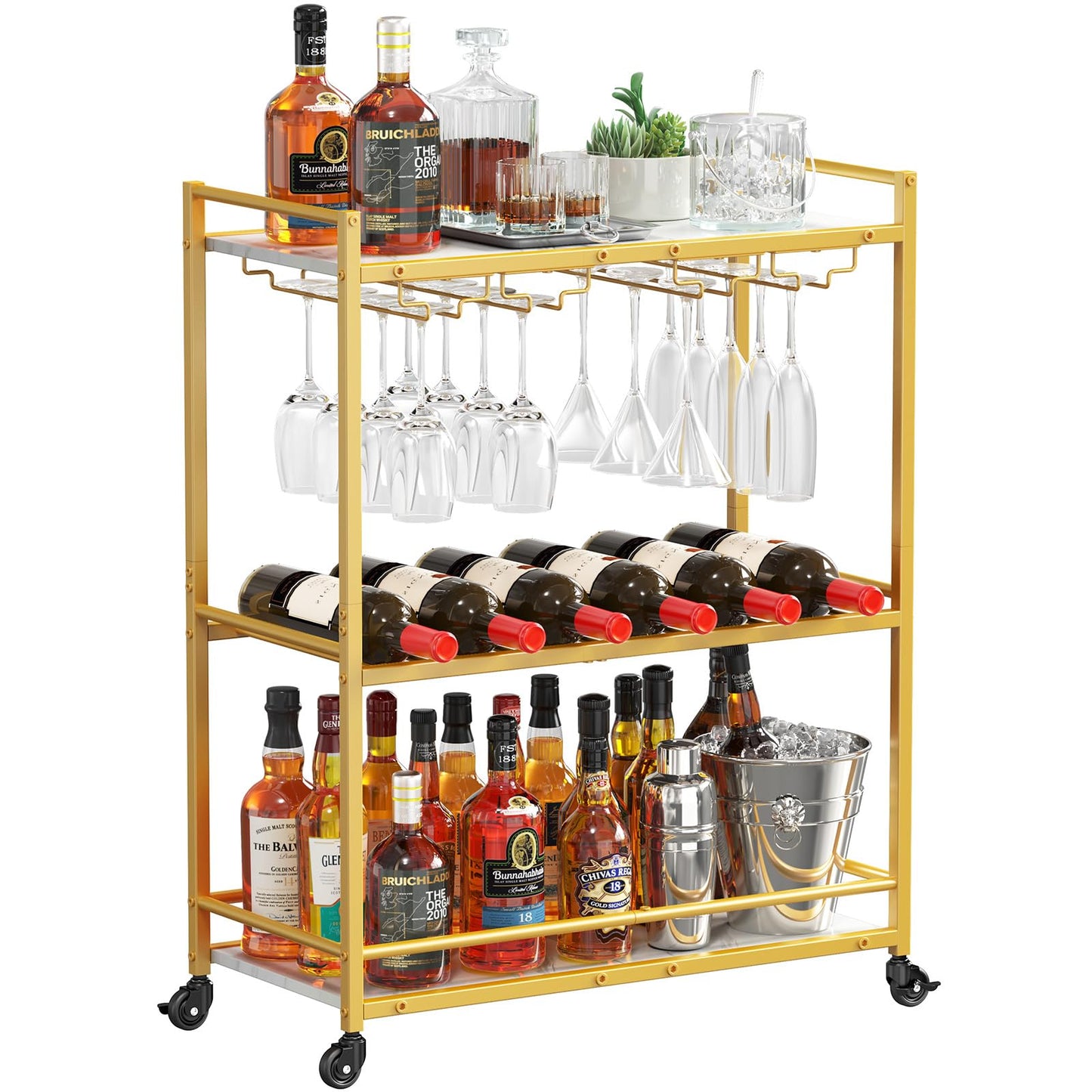 Lifewit Servierwagen, 3-stöckiger Barwagen mit blockierbaren Rädern, Weinregal und Glashaltern, Küchenwagen, Esszimmer, Wohnzimmer, 63,2 x 30 x 81,5 cm, Gold