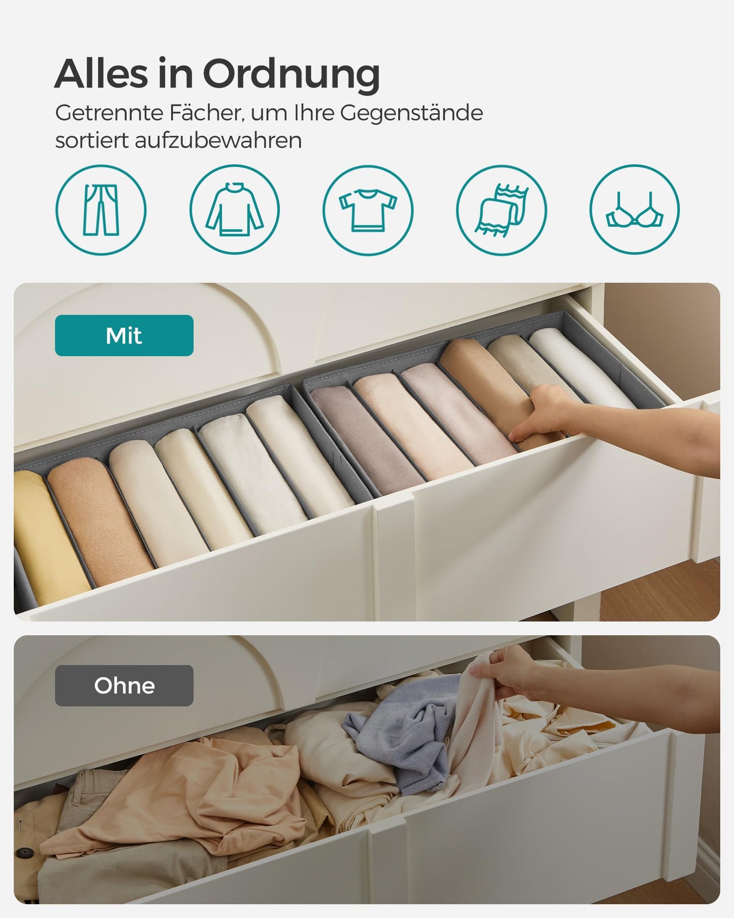 SONGMICS Kleiderschrank-Organizer 4er Set, Aufbewahrungsbox 6 Fächer, Schubladen-Ordnungssystem, Ordnungsboxen faltbar, 42 x 30 x 17 cm, für Hosen, Kleidung, taubengrau RUS009G04