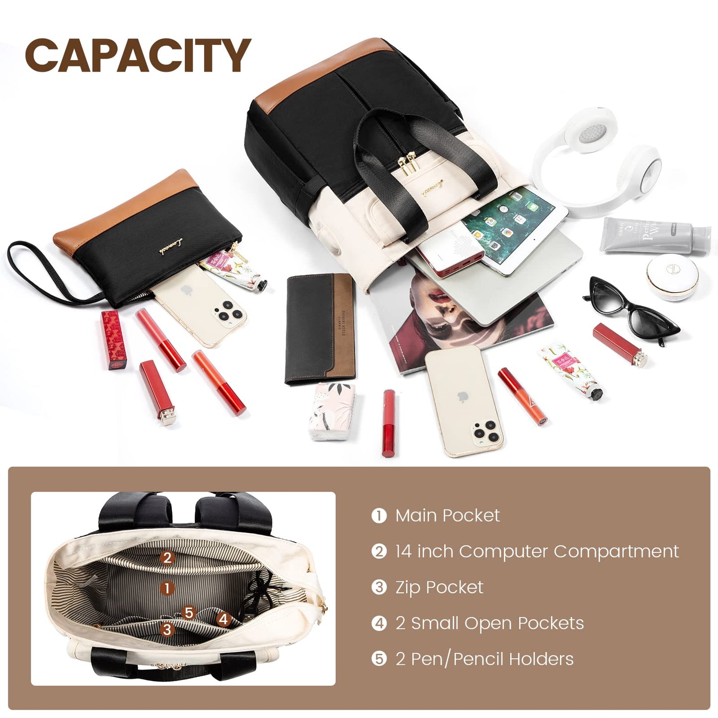 LOVEVOOK Rucksack Damen Klein, Kleiner Rucksäcke Damen Cityrucksack Mini Rucksacktasche Elegant Handtasche Schultertasche, Wasserdicht Laptop Tagesrucksack 13,3 Zoll, Beige Schwarz Braun