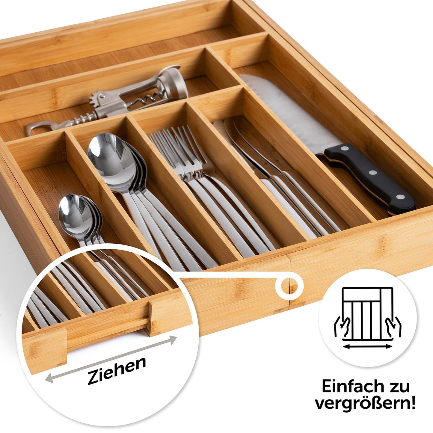 Blumtal Besteckkasten aus Bambus - größenverstellbarer Schubladentrenner Küche - Besteck Organizer 5 bis 7 Fächer - ausziehbare Schublade für Küchenschubladen - Organizer Küche Besteck in medium